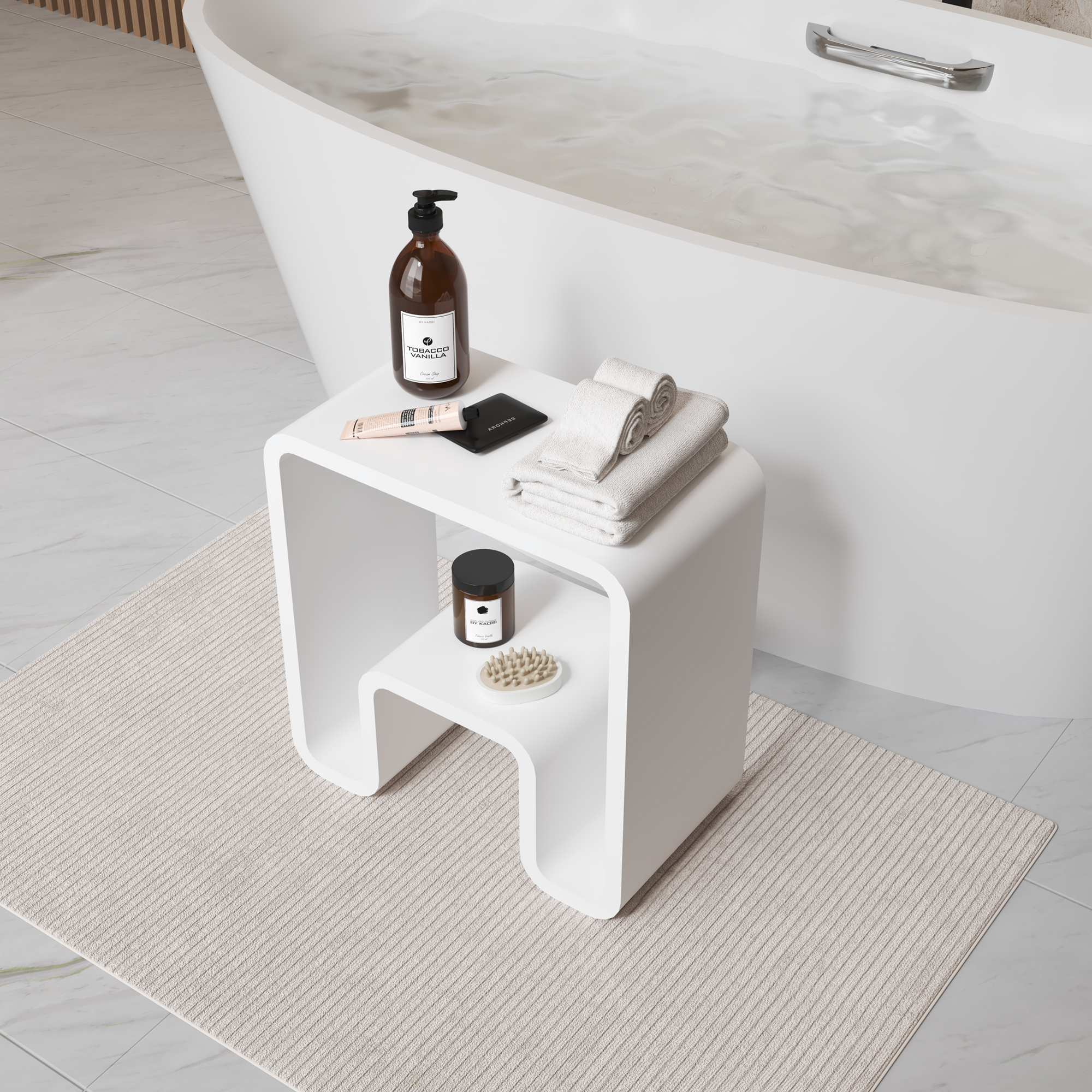 Solid Surface Stool for Bathroom - Matte White/Matte Black，Applicable to multiple scenes, can be used in shower room/bathtub side storage/living room/bedroom