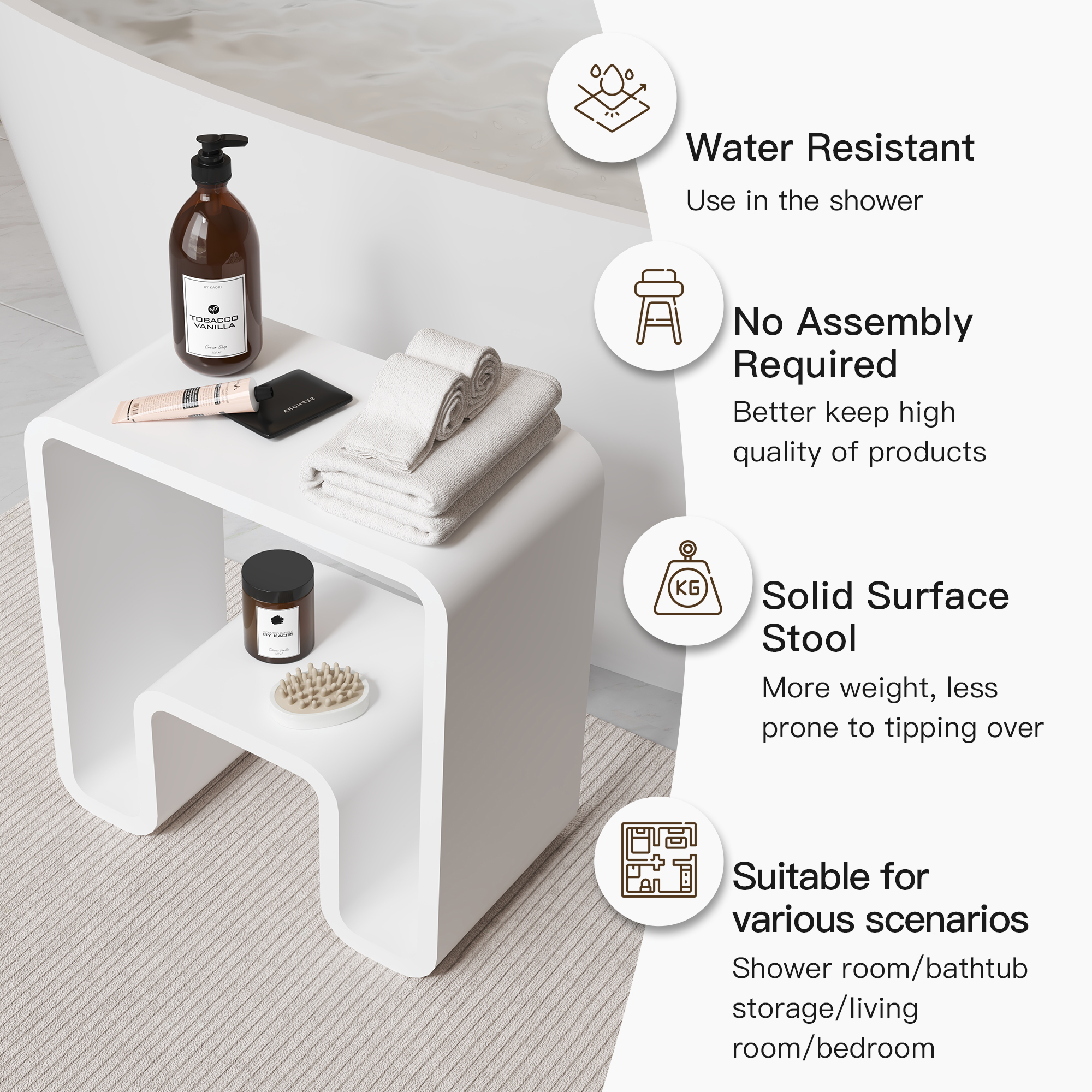Solid Surface Stool for Bathroom - Matte White/Matte Black，Applicable to multiple scenes, can be used in shower room/bathtub side storage/living room/bedroom