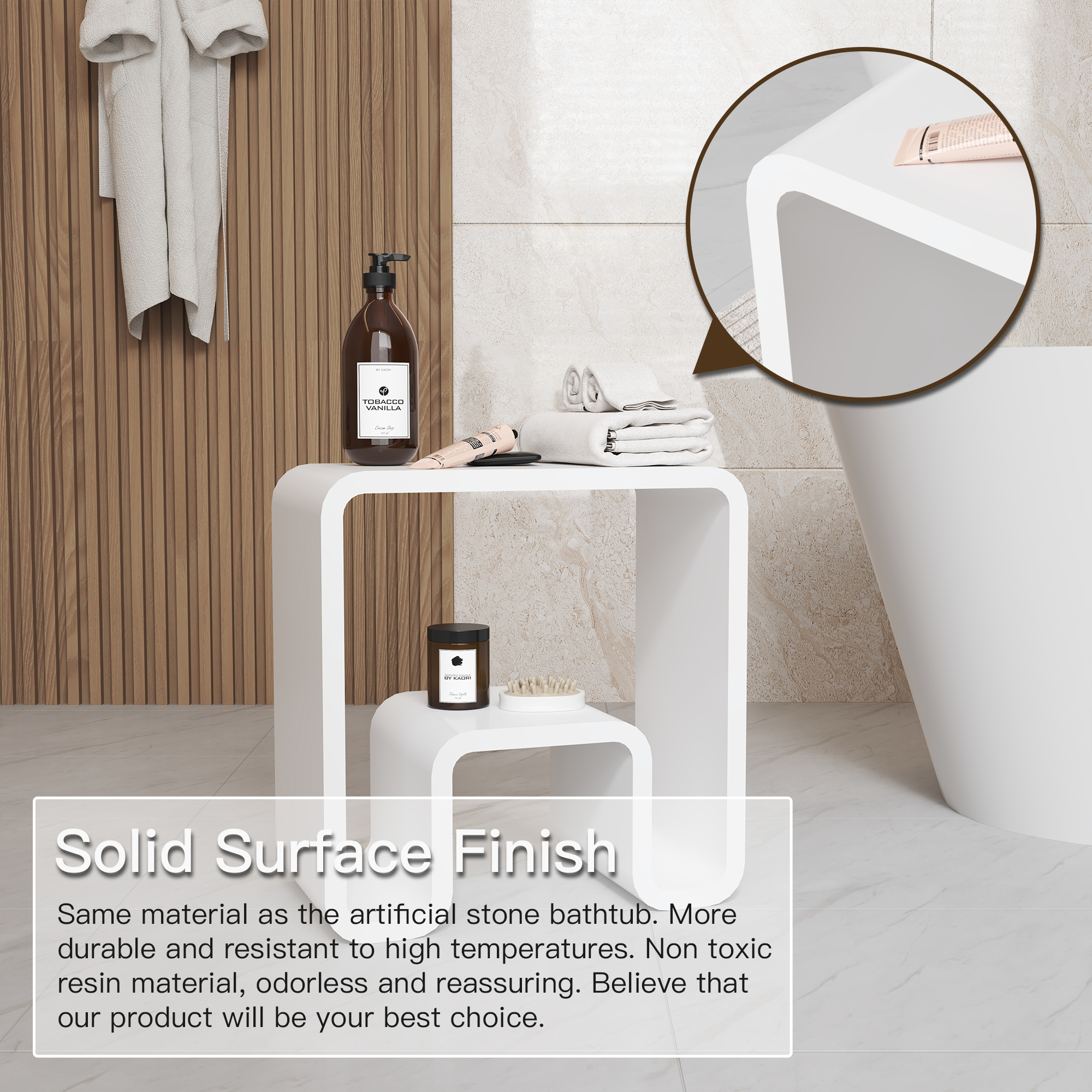 Solid Surface Stool for Bathroom - Matte White/Matte Black，Applicable to multiple scenes, can be used in shower room/bathtub side storage/living room/bedroom