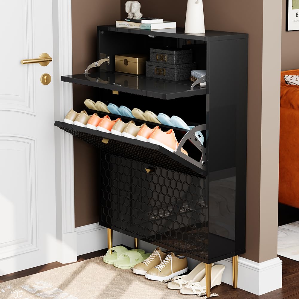 3 Flip Drawers Free Standing Shoe Racks,Modern Shoes Cabinet with Brass Knobs And Legs, 24 Pair for Entryway,Bedroom