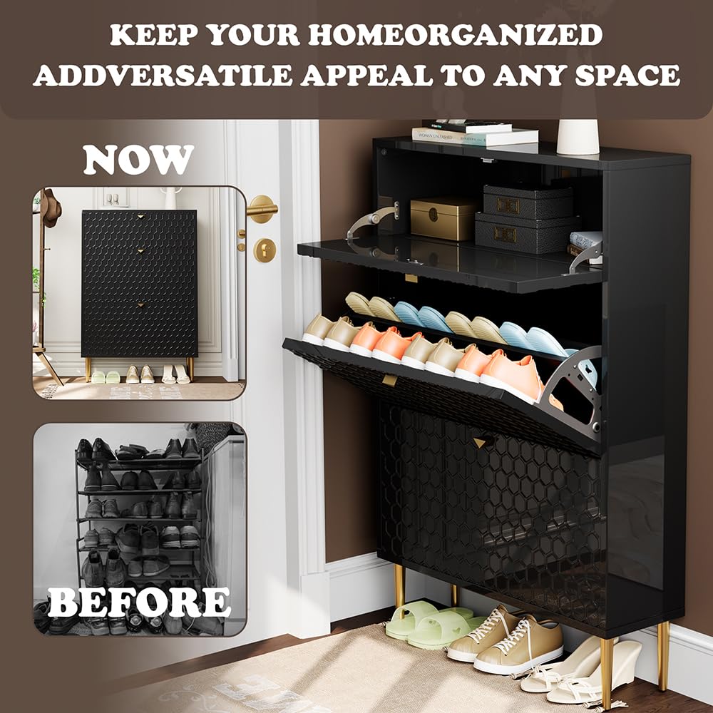 3 Flip Drawers Free Standing Shoe Racks,Modern Shoes Cabinet with Brass Knobs And Legs, 24 Pair for Entryway,Bedroom