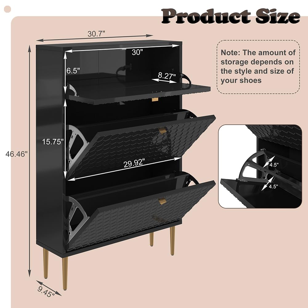 3 Flip Drawers Free Standing Shoe Racks,Modern Shoes Cabinet with Brass Knobs And Legs, 24 Pair for Entryway,Bedroom
