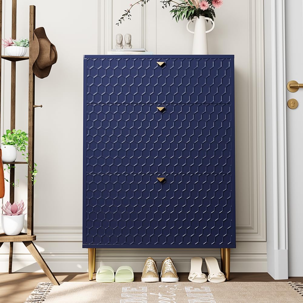 3 Flip Drawers Free Standing Shoe Racks,Modern Shoes Cabinet with Brass Knobs And Legs, 24 Pair for Entryway,Bedroom