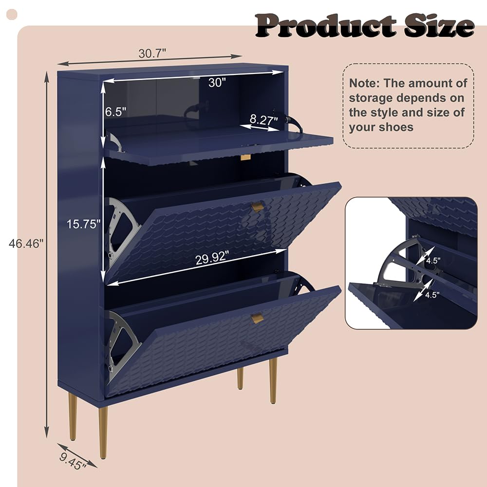 3 Flip Drawers Free Standing Shoe Racks,Modern Shoes Cabinet with Brass Knobs And Legs, 24 Pair for Entryway,Bedroom
