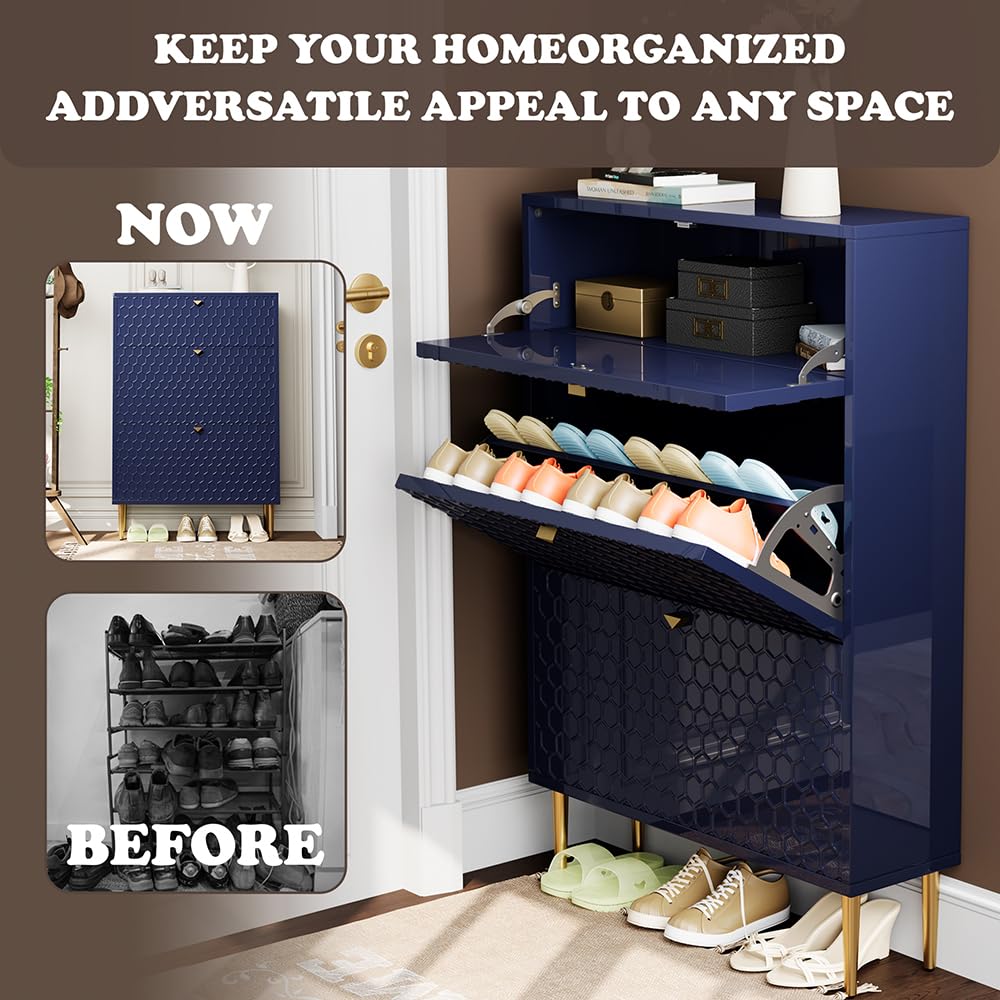 3 Flip Drawers Free Standing Shoe Racks,Modern Shoes Cabinet with Brass Knobs And Legs, 24 Pair for Entryway,Bedroom