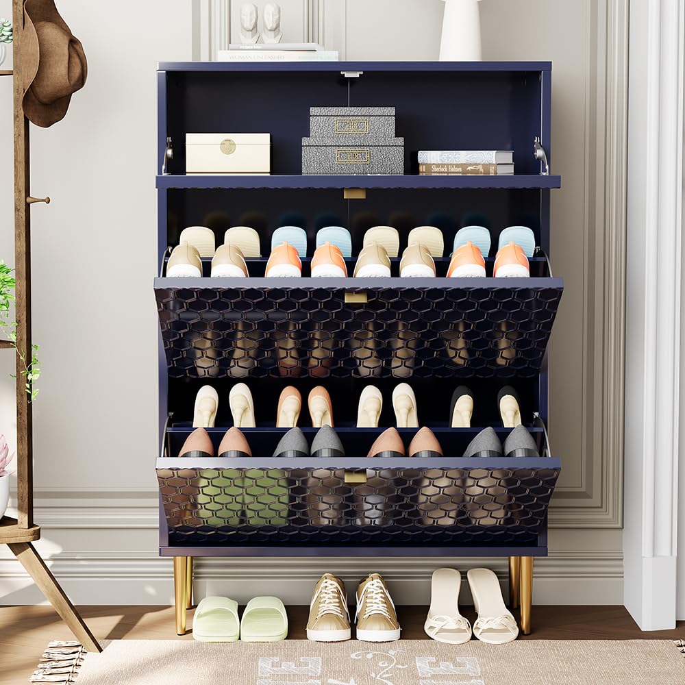 3 Flip Drawers Free Standing Shoe Racks,Modern Shoes Cabinet with Brass Knobs And Legs, 24 Pair for Entryway,Bedroom