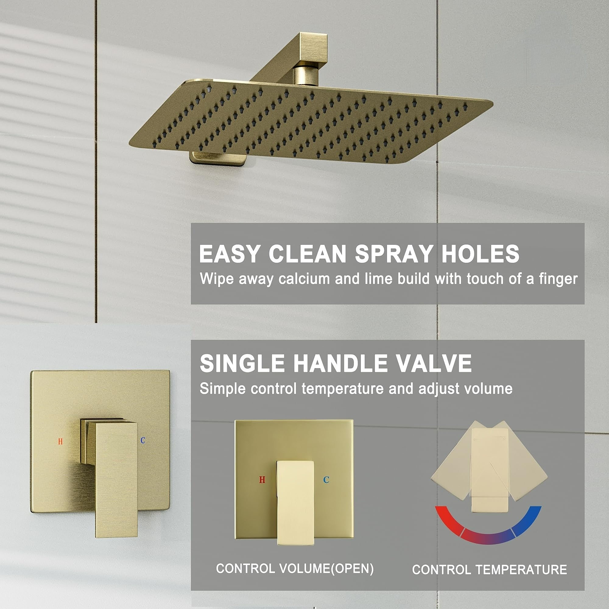 10 Inch Square Shower Head - Wall Mount 1-Spray Pattern Faucet with 2.5 GPM Flow Rate Brushed Gold (Valve Included)