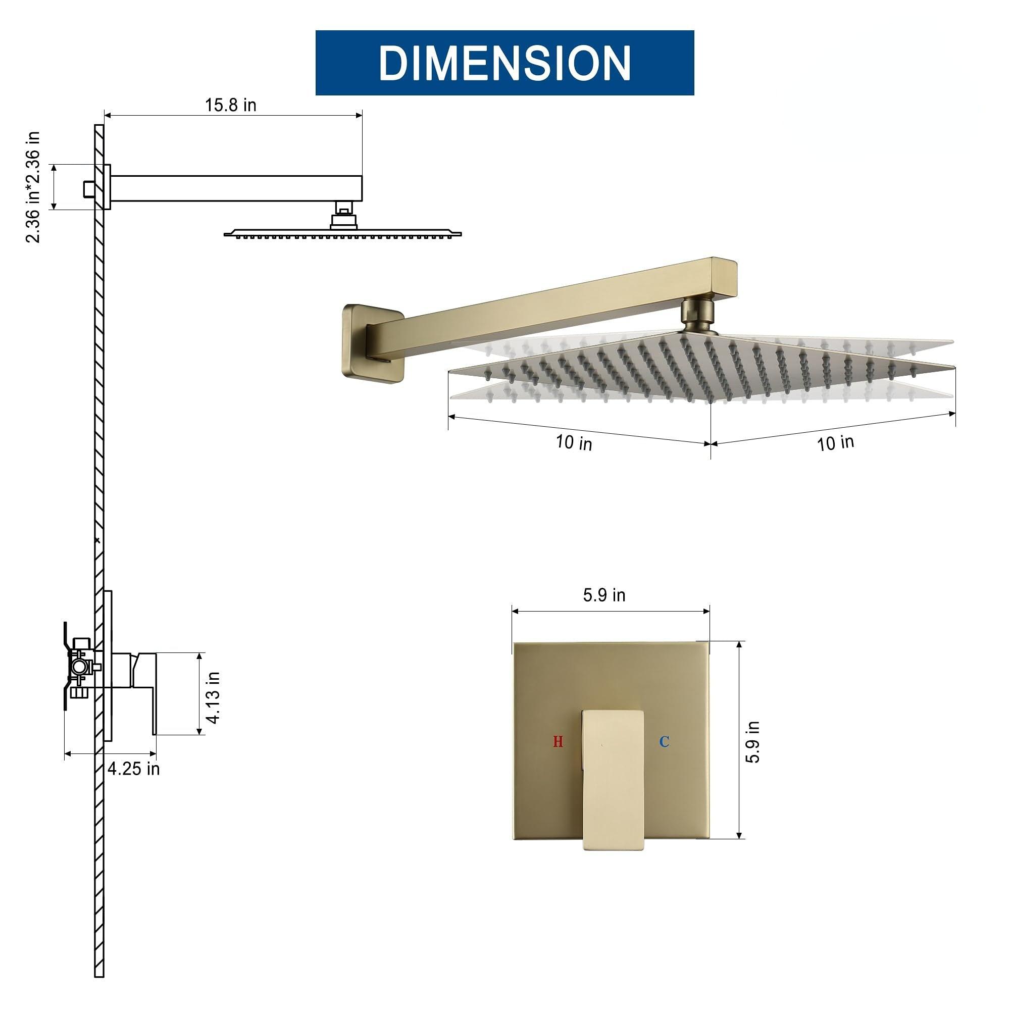 10 Inch Square Shower Head - Wall Mount 1-Spray Pattern Faucet with 2.5 GPM Flow Rate Brushed Gold (Valve Included)