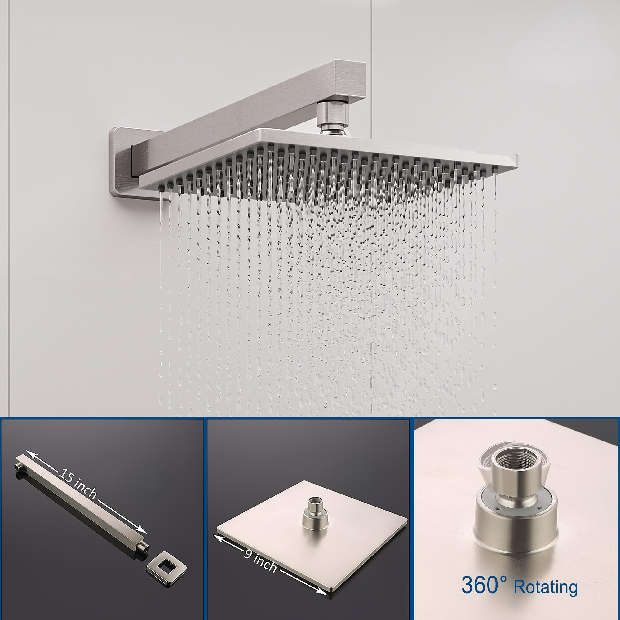 9 Inch Square Shower Faucet - Single-Handle, High-Pressure 1-Spray Shower Head with Valve, Easy Installation, Modern Design for Bathroom Brushed Nickel