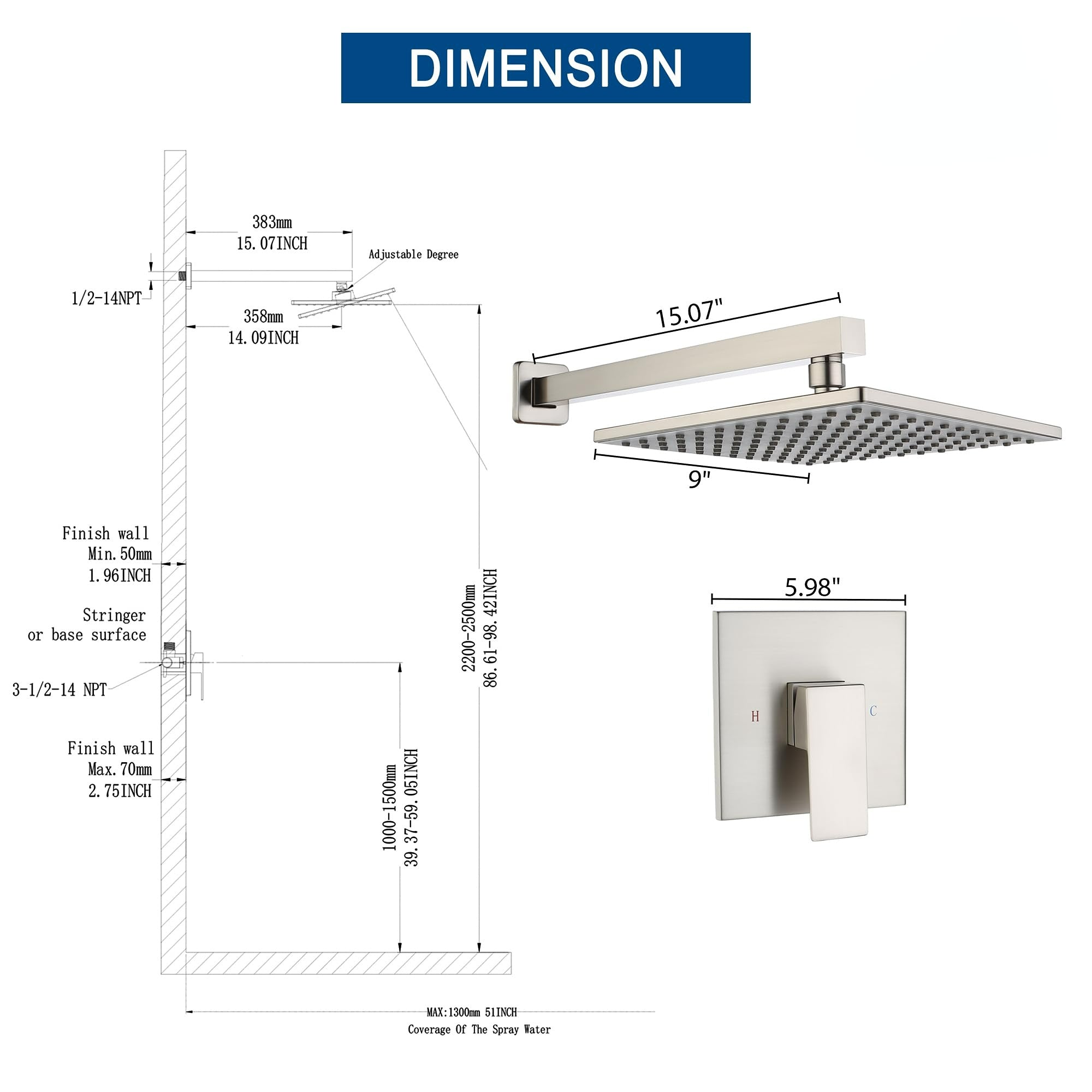 9 Inch Square Shower Faucet - Single-Handle, High-Pressure 1-Spray Shower Head with Valve, Easy Installation, Modern Design for Bathroom Brushed Nickel