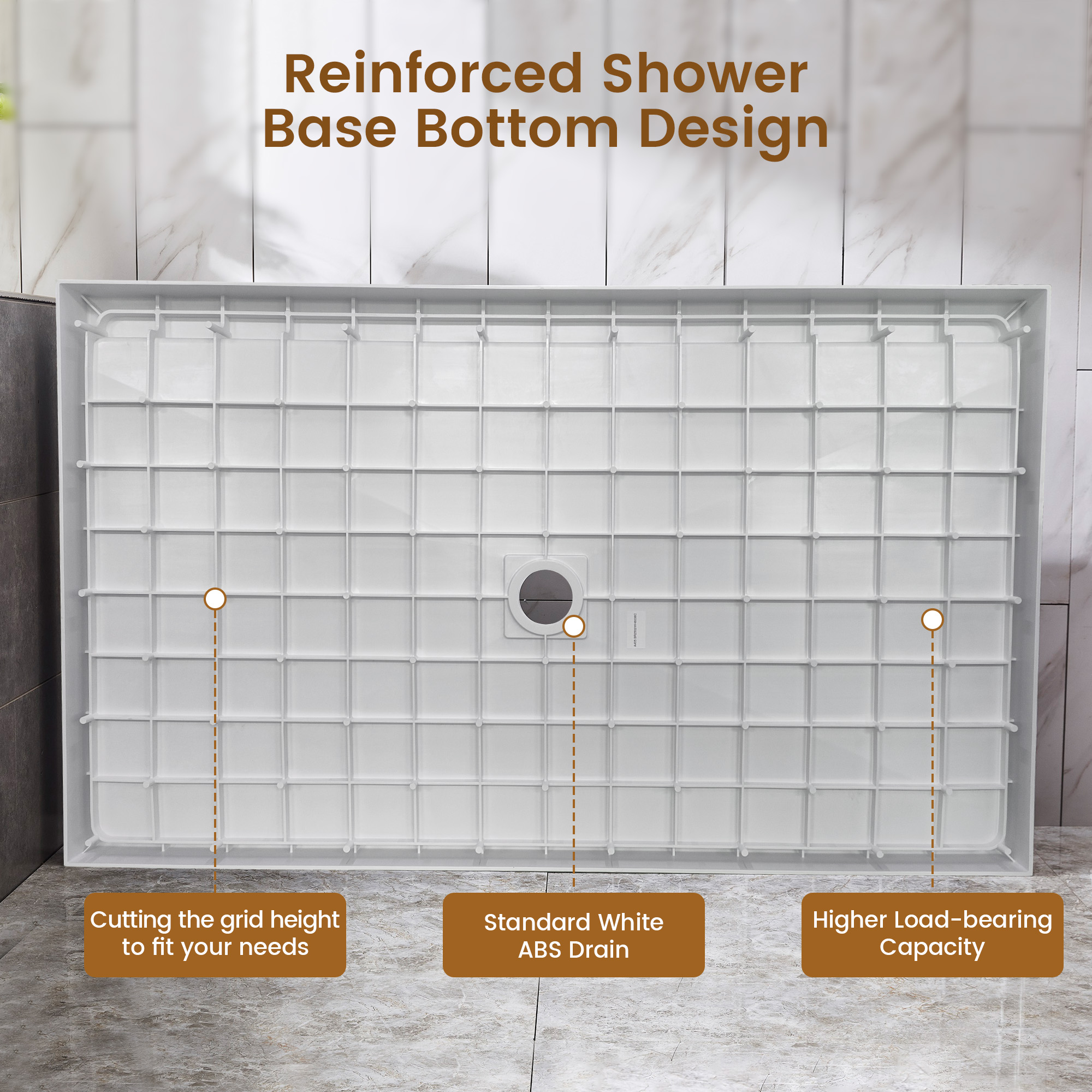 Rectangle Solid Surface White Shower Pan Base with Center Drain