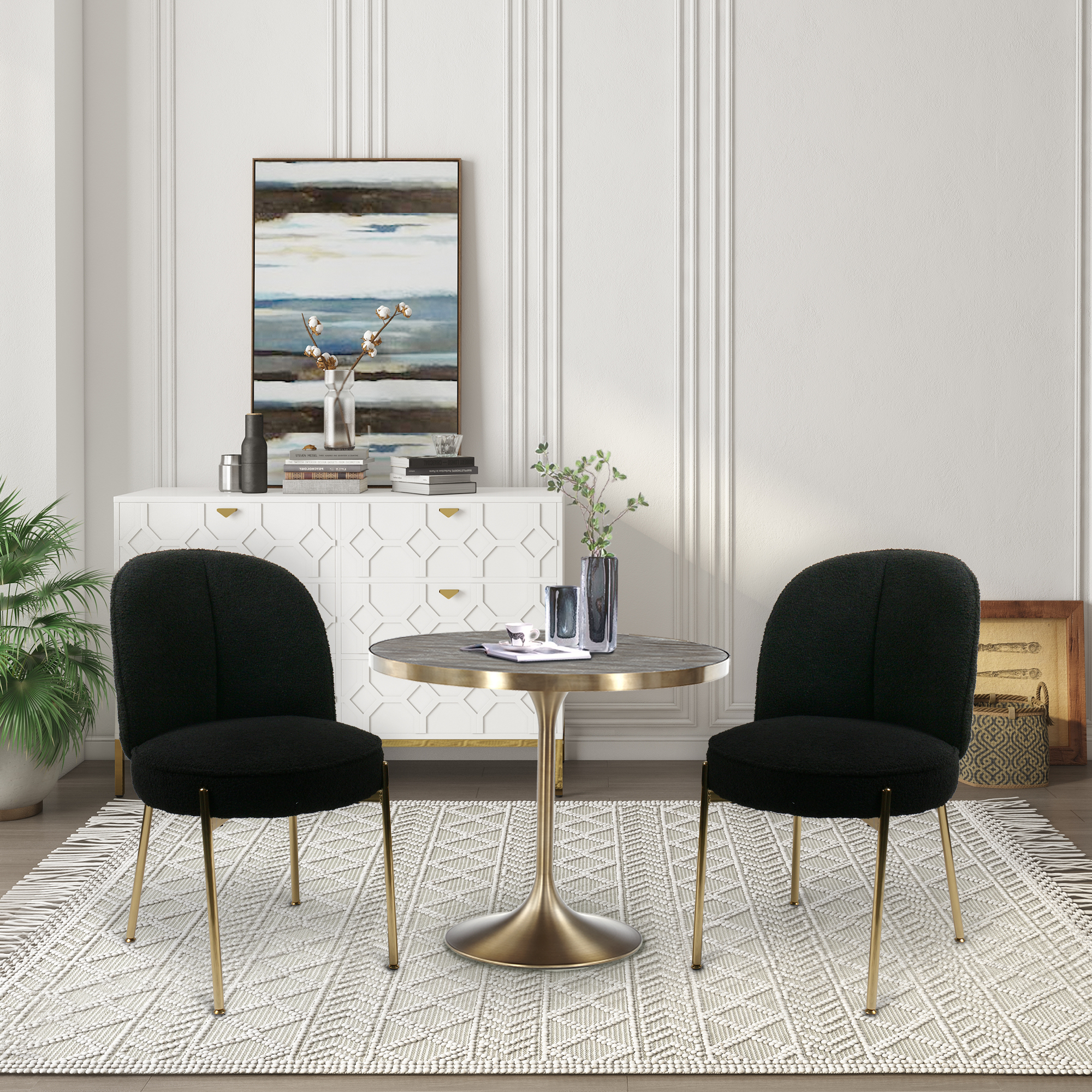 Teddy Fabric Dinning Chair in Greamy White/Brown/Army Green/Black with Adjustable Foot Nails (Set of 2)