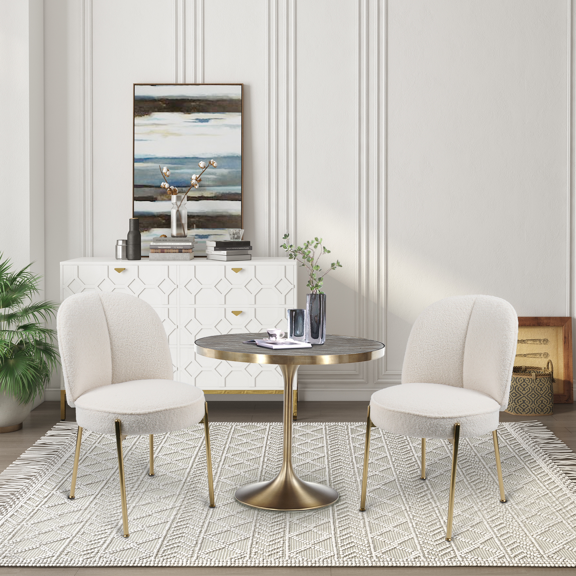 Teddy Fabric Dinning Chair in Greamy White/Brown/Army Green/Black with Adjustable Foot Nails (Set of 2)