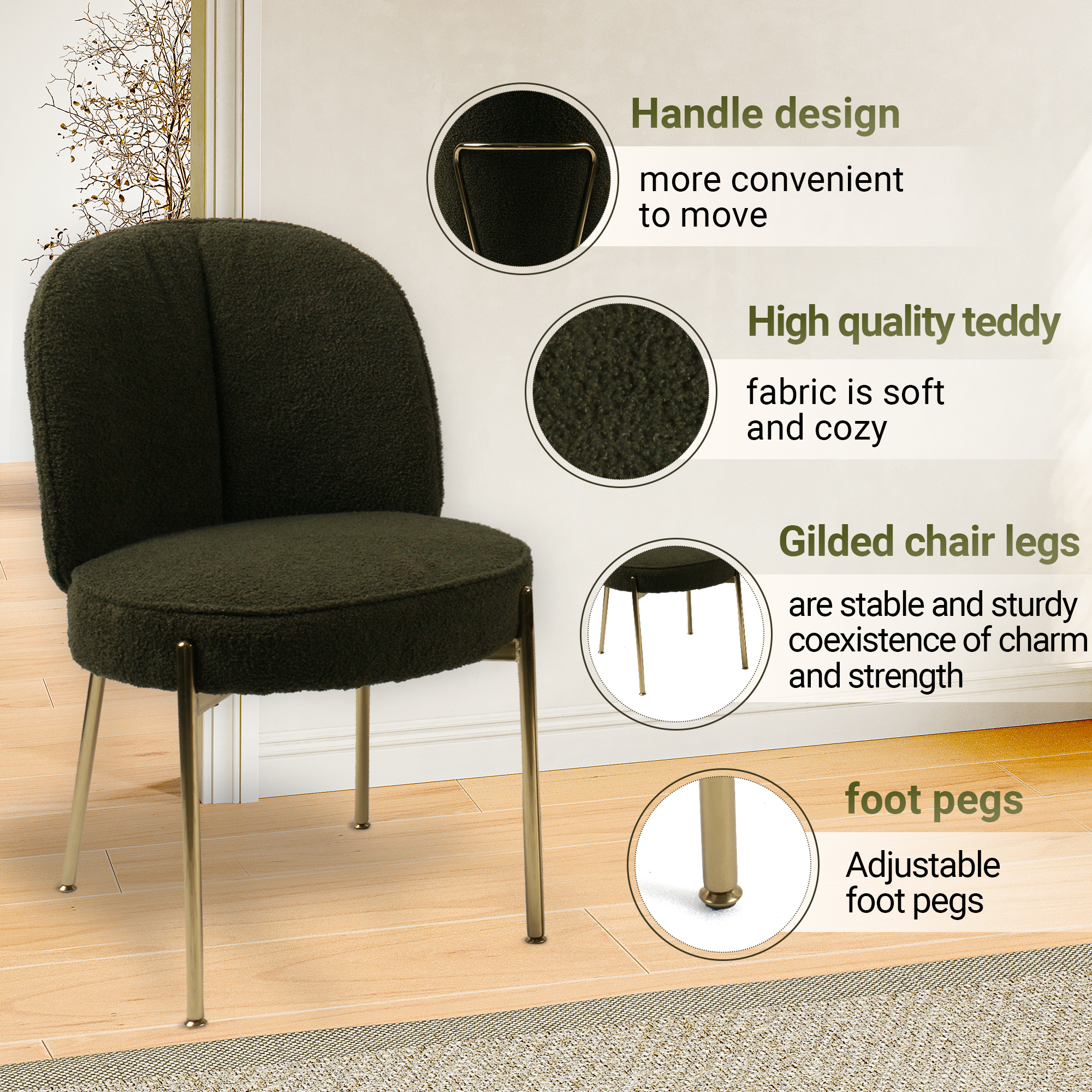 Teddy Fabric Dinning Chair in Greamy White/Brown/Army Green/Black with Adjustable Foot Nails (Set of 2)