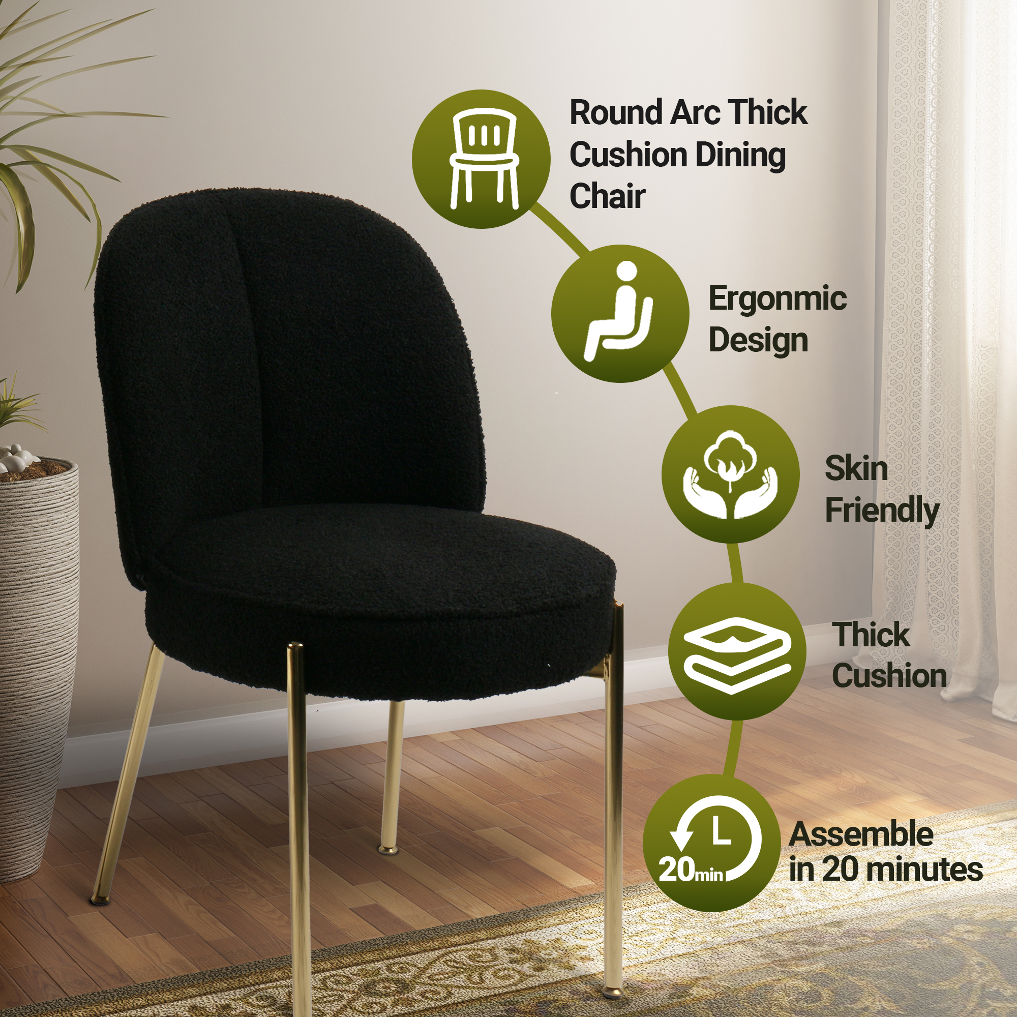 Teddy Fabric Dinning Chair in Greamy White/Brown/Army Green/Black with Adjustable Foot Nails (Set of 2)