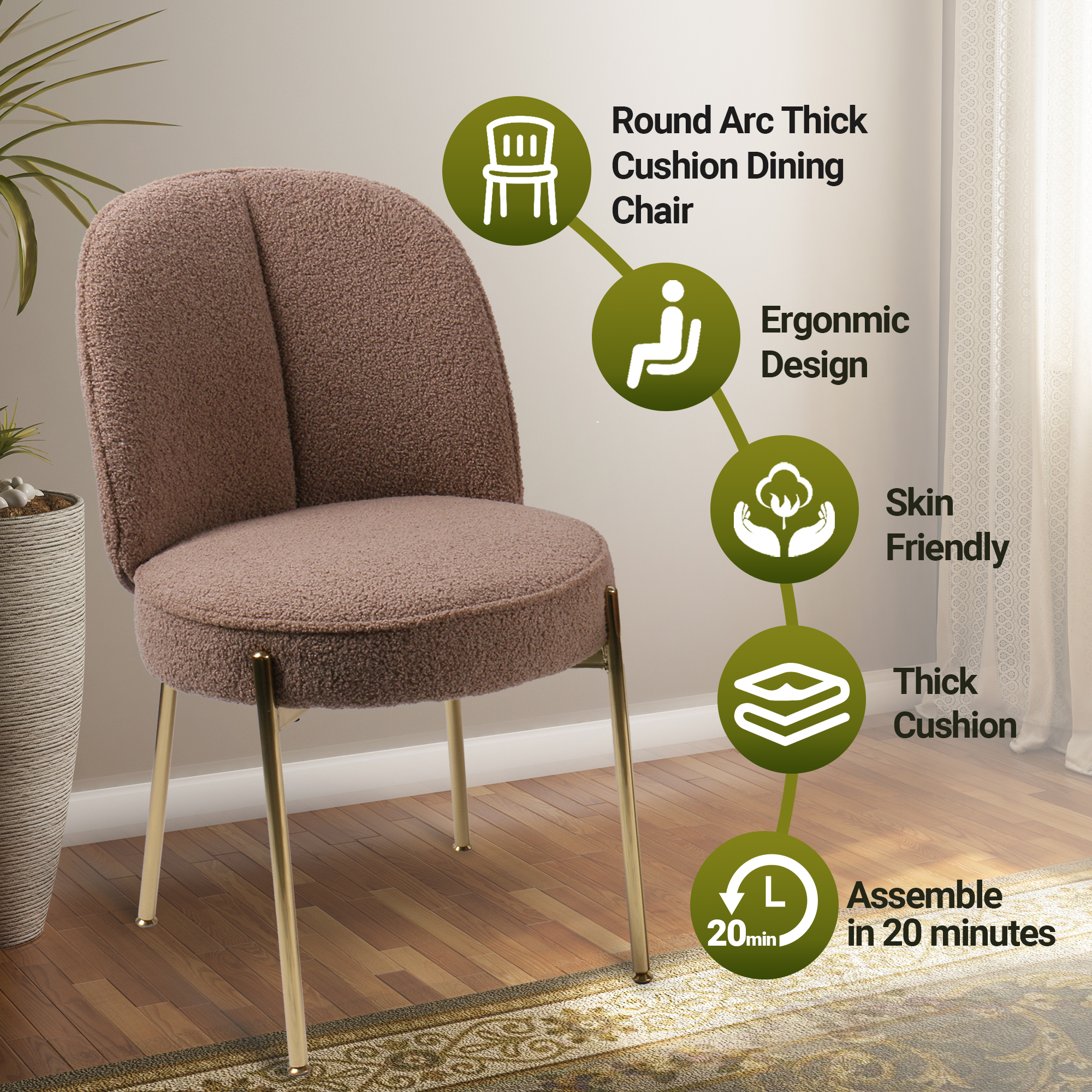 Teddy Fabric Dinning Chair in Greamy White/Brown/Army Green/Black with Adjustable Foot Nails (Set of 2)