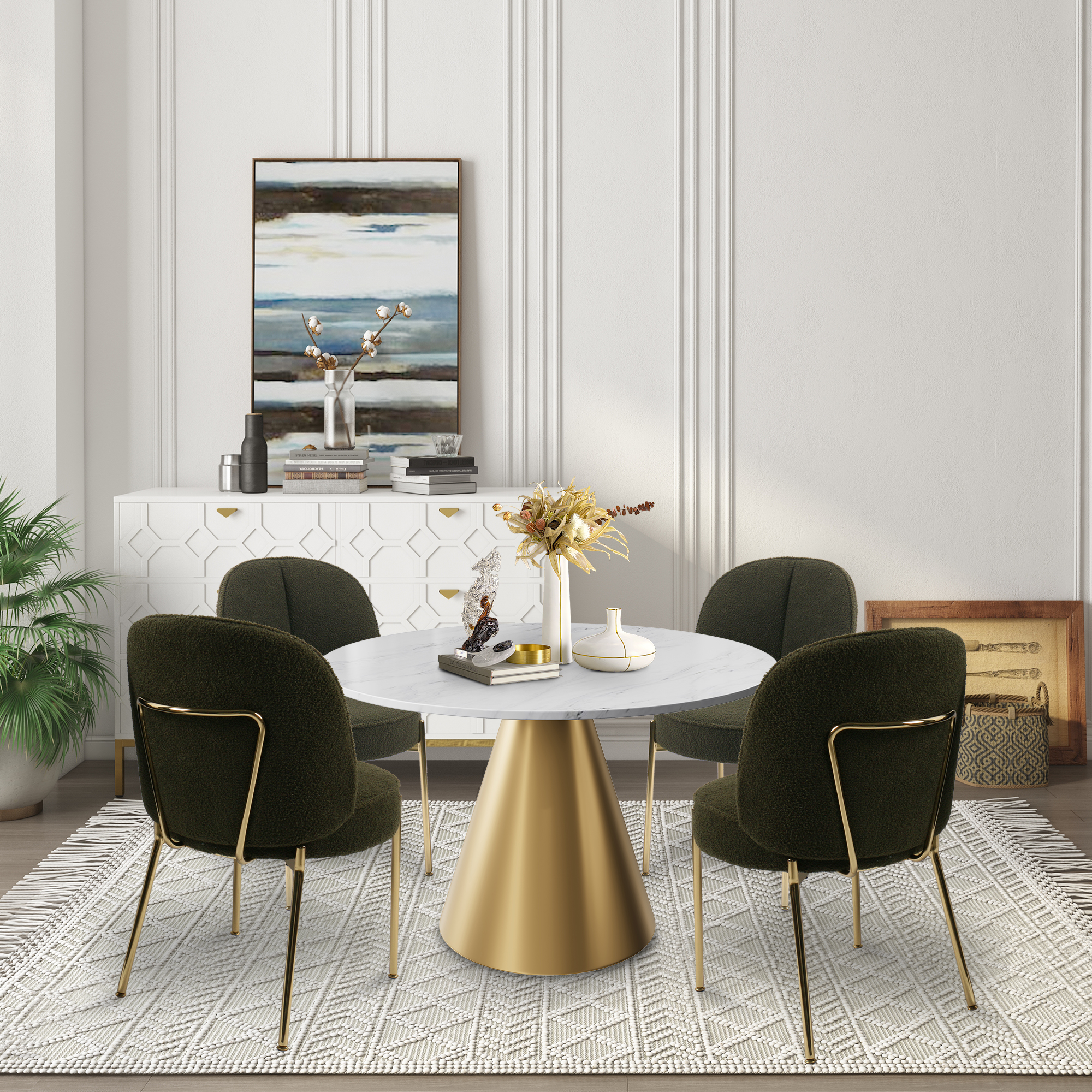 Teddy Fabric Dinning Chair in Greamy White/Brown/Army Green/Black with Adjustable Foot Nails (Set of 2)