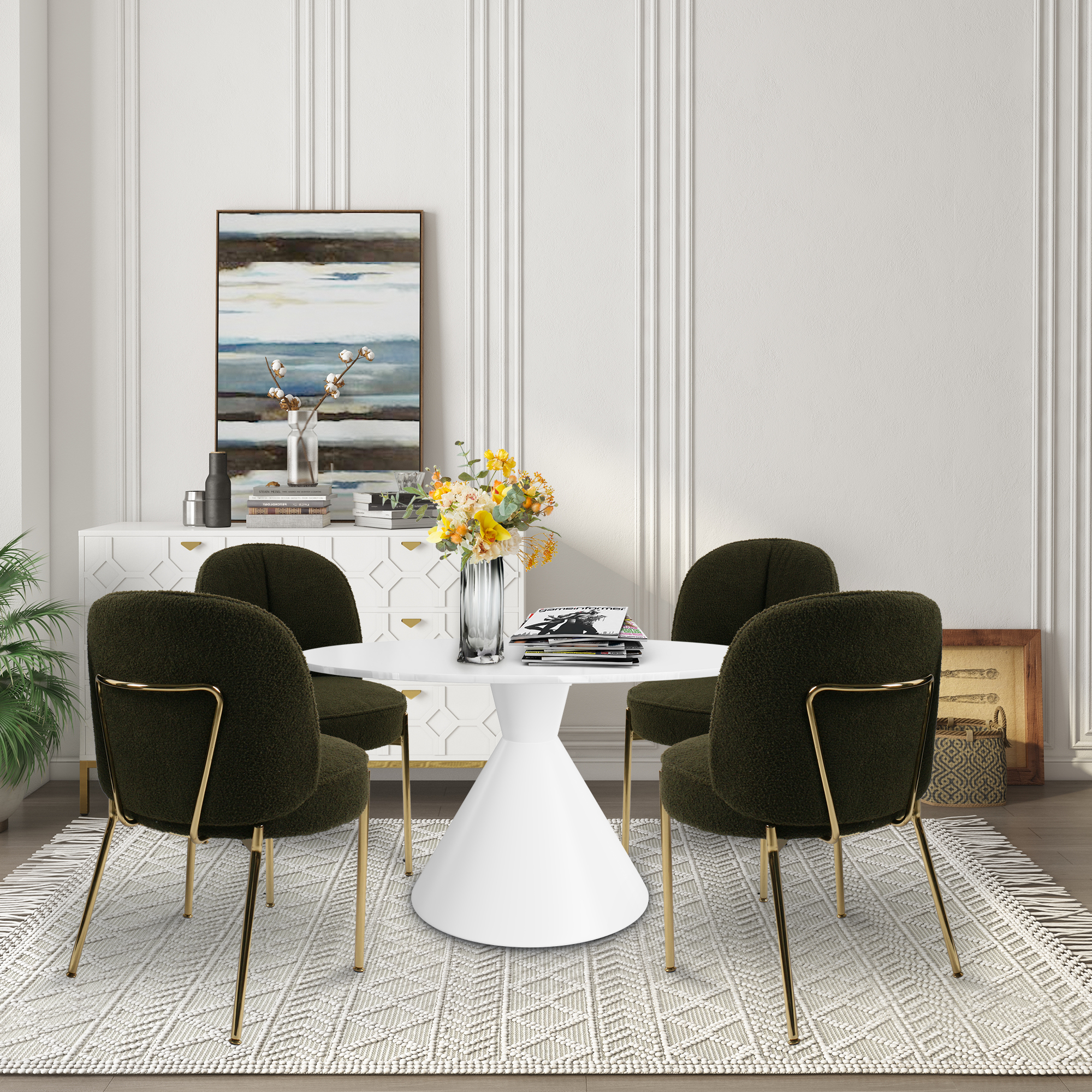 Teddy Fabric Dinning Chair in Greamy White/Brown/Army Green/Black with Adjustable Foot Nails (Set of 2)