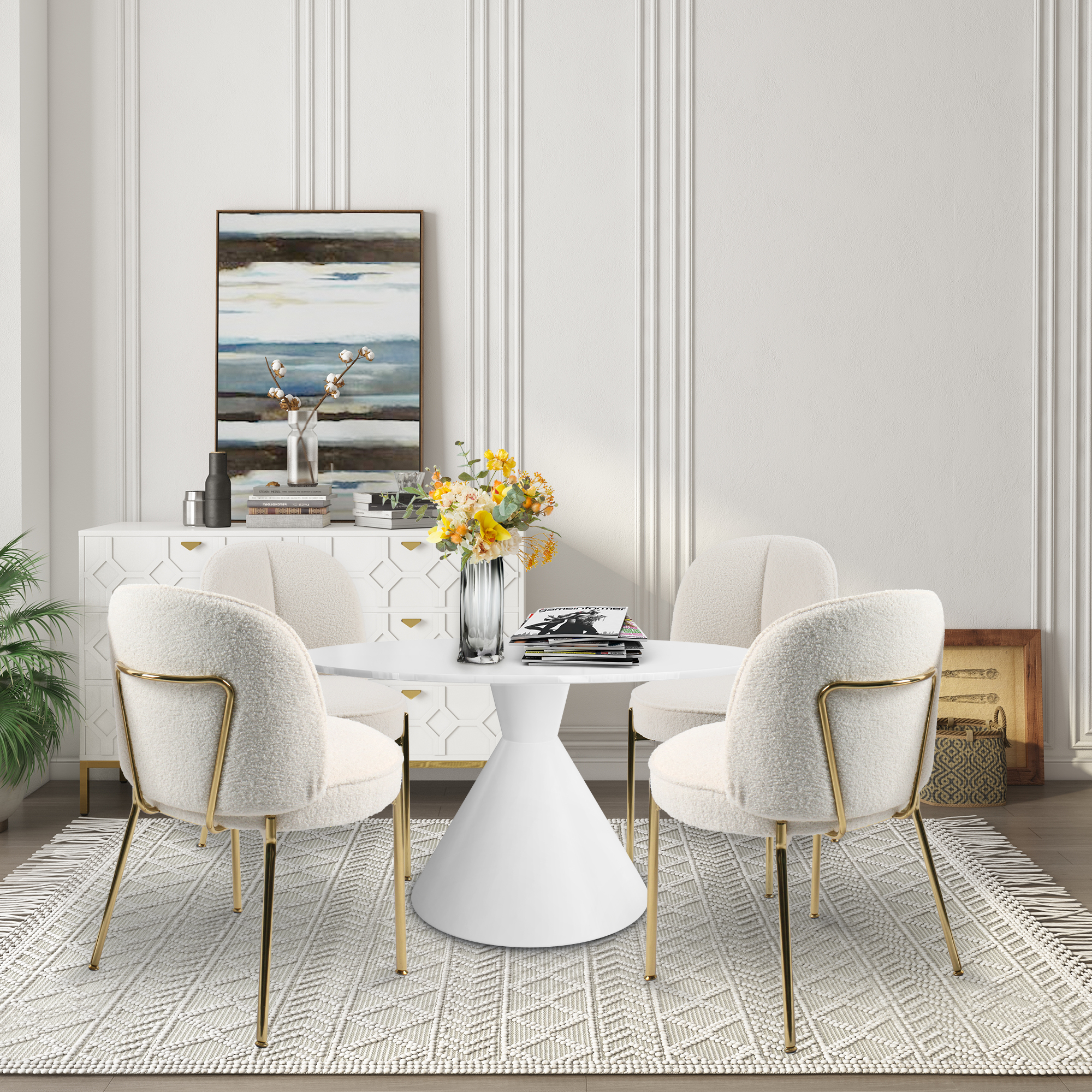 Teddy Fabric Dinning Chair in Greamy White/Brown/Army Green/Black with Adjustable Foot Nails (Set of 2)