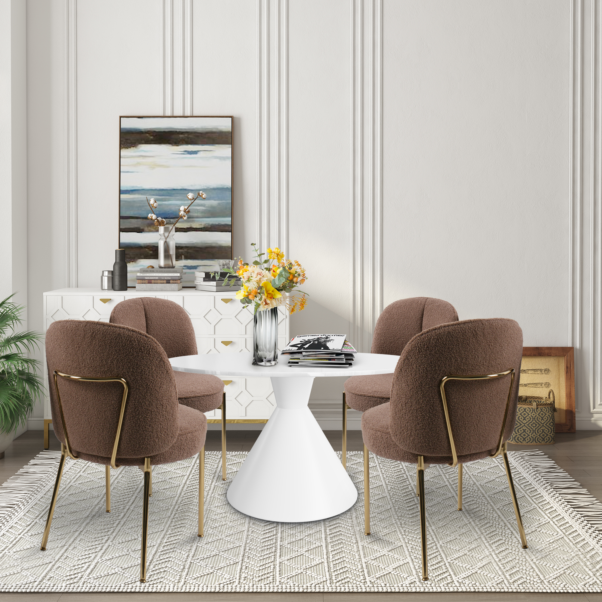 Teddy Fabric Dinning Chair in Greamy White/Brown/Army Green/Black with Adjustable Foot Nails (Set of 2)