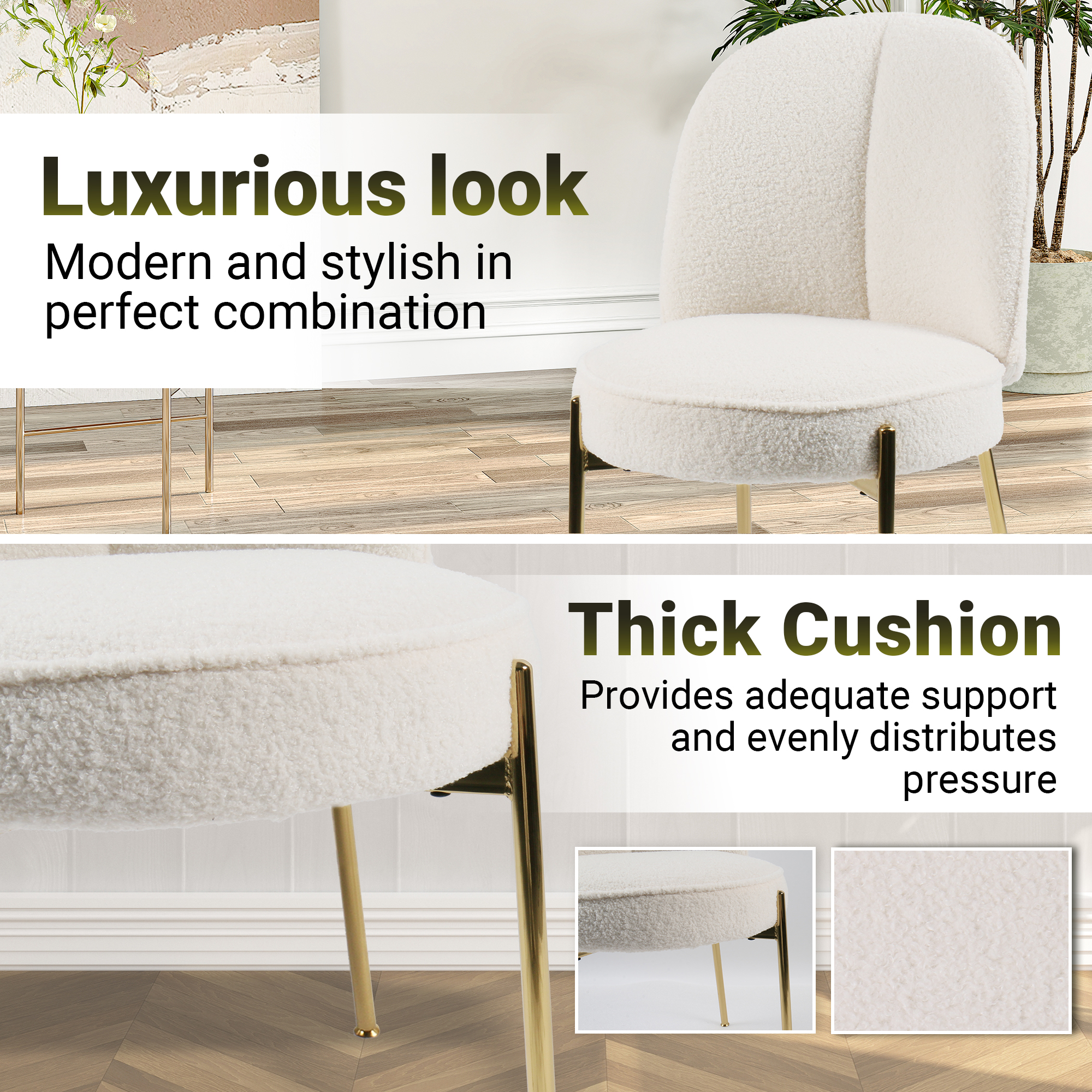 Teddy Fabric Dinning Chair in Greamy White/Brown/Army Green/Black with Adjustable Foot Nails (Set of 2)