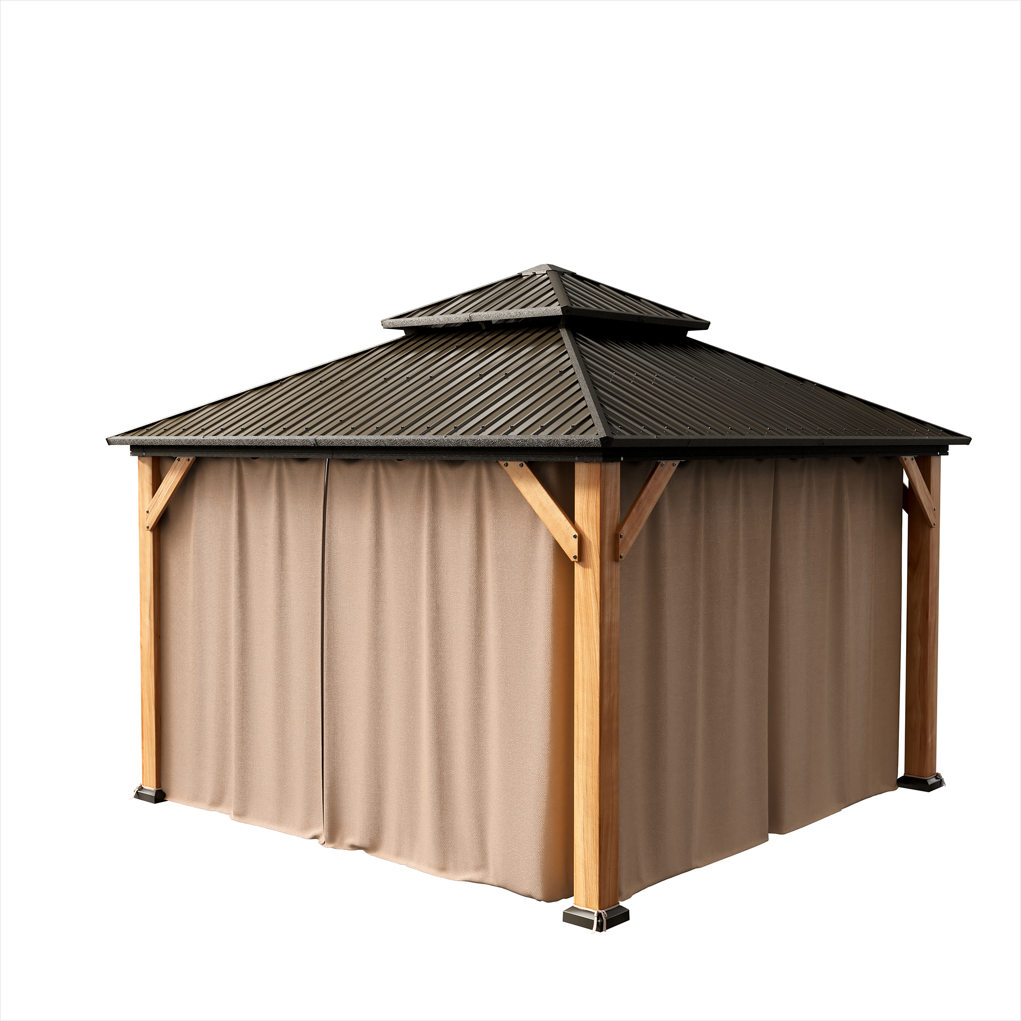 Cedar Frame Hard Top Gazebo with Galvanized Steel Double Roof, Curtain and Net, Outdoor Wooden Gazebo Pergola for Patio Lawn Backyard