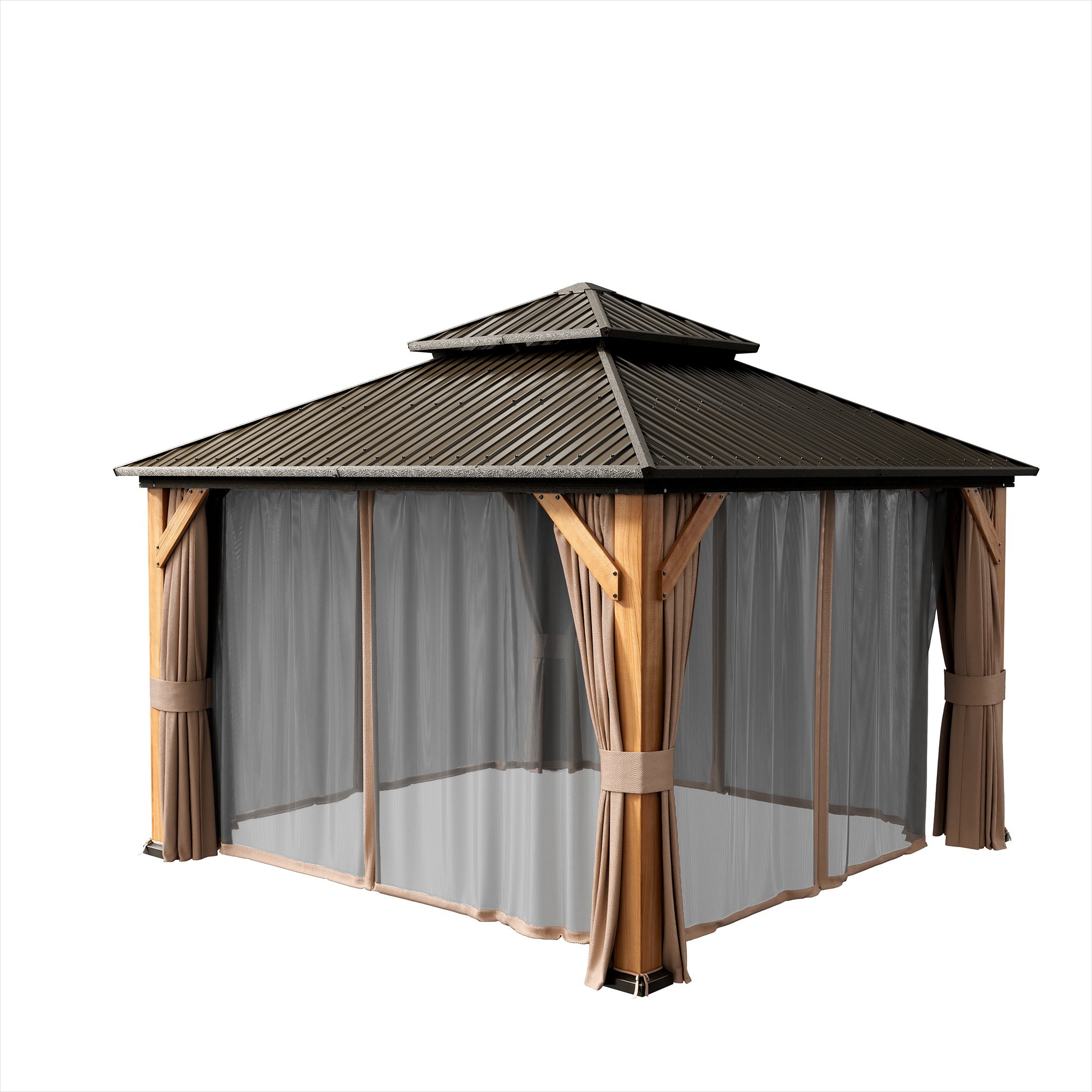 Cedar Frame Hard Top Gazebo with Galvanized Steel Double Roof, Curtain and Net, Outdoor Wooden Gazebo Pergola for Patio Lawn Backyard