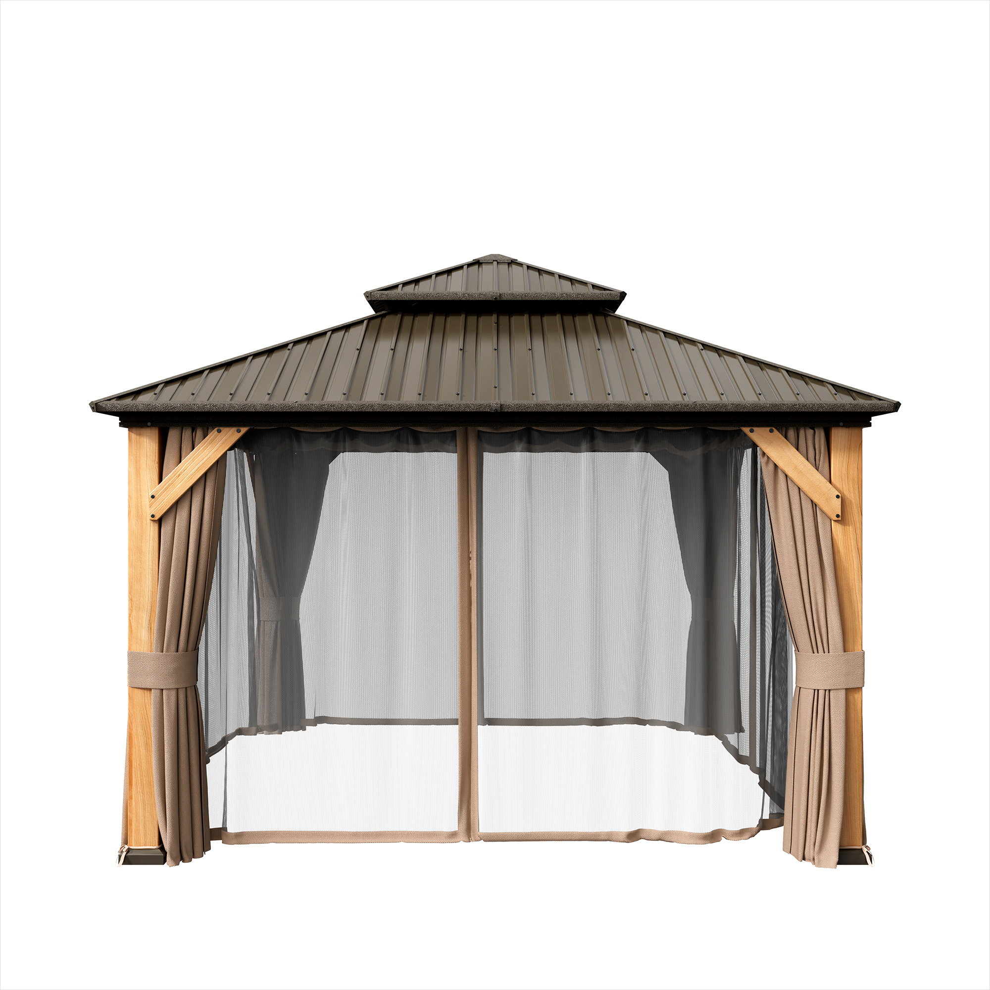Cedar Frame Hard Top Gazebo with Galvanized Steel Double Roof, Curtain and Net, Outdoor Wooden Gazebo Pergola for Patio Lawn Backyard
