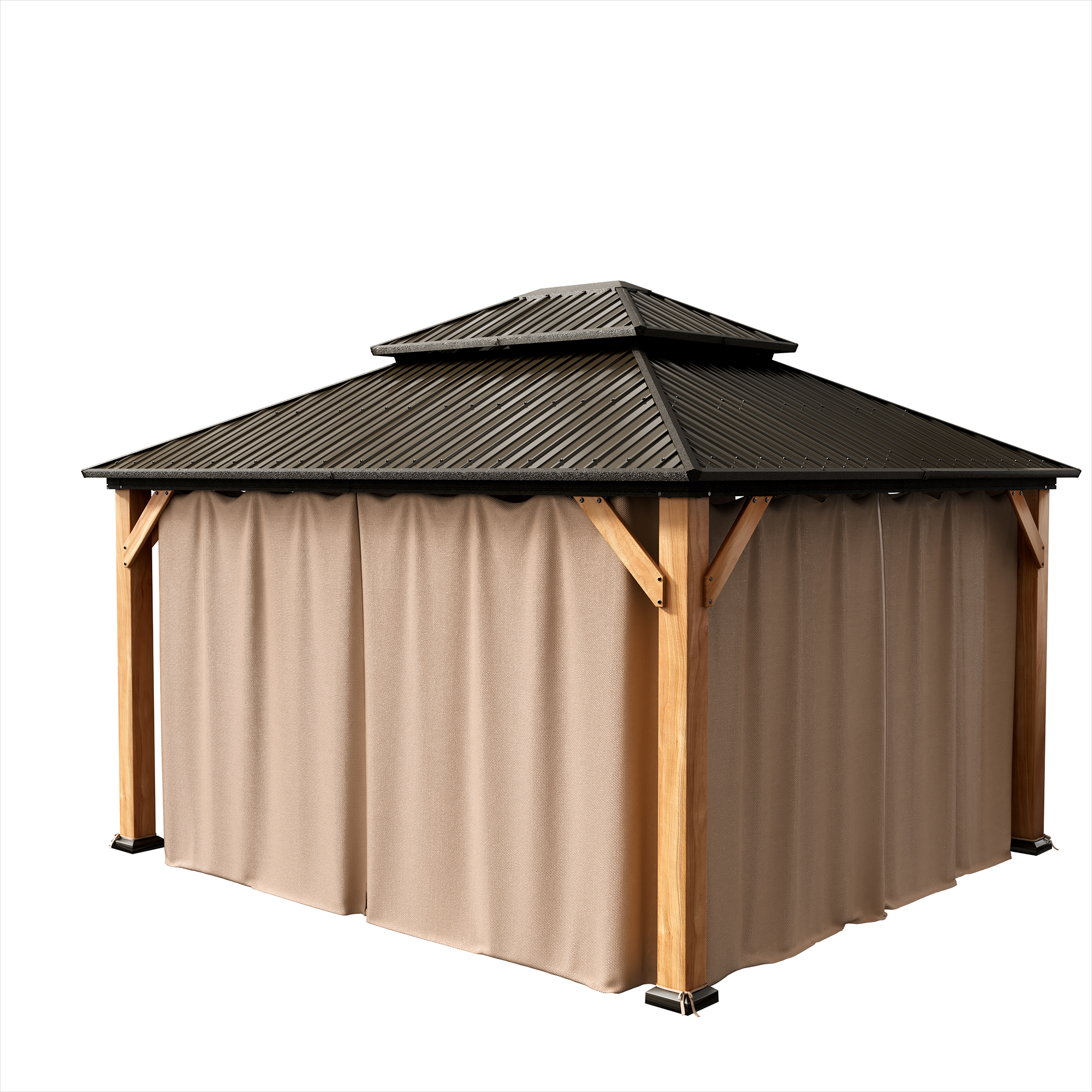 Cedar Frame Hard Top Gazebo with Galvanized Steel Double Roof, Curtain and Net, Outdoor Wooden Gazebo Pergola for Patio Lawn Backyard