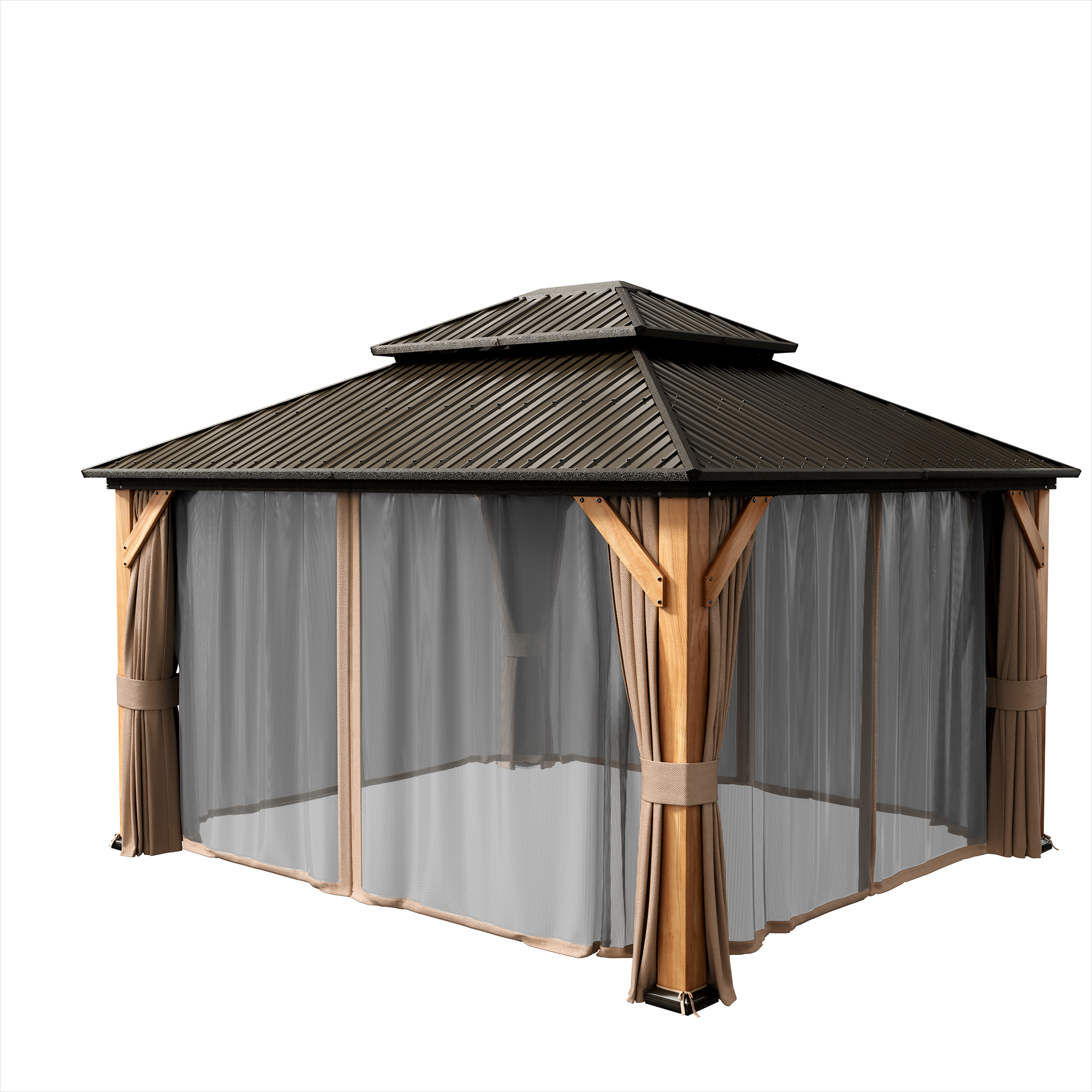 Cedar Frame Hard Top Gazebo with Galvanized Steel Double Roof, Curtain and Net, Outdoor Wooden Gazebo Pergola for Patio Lawn Backyard