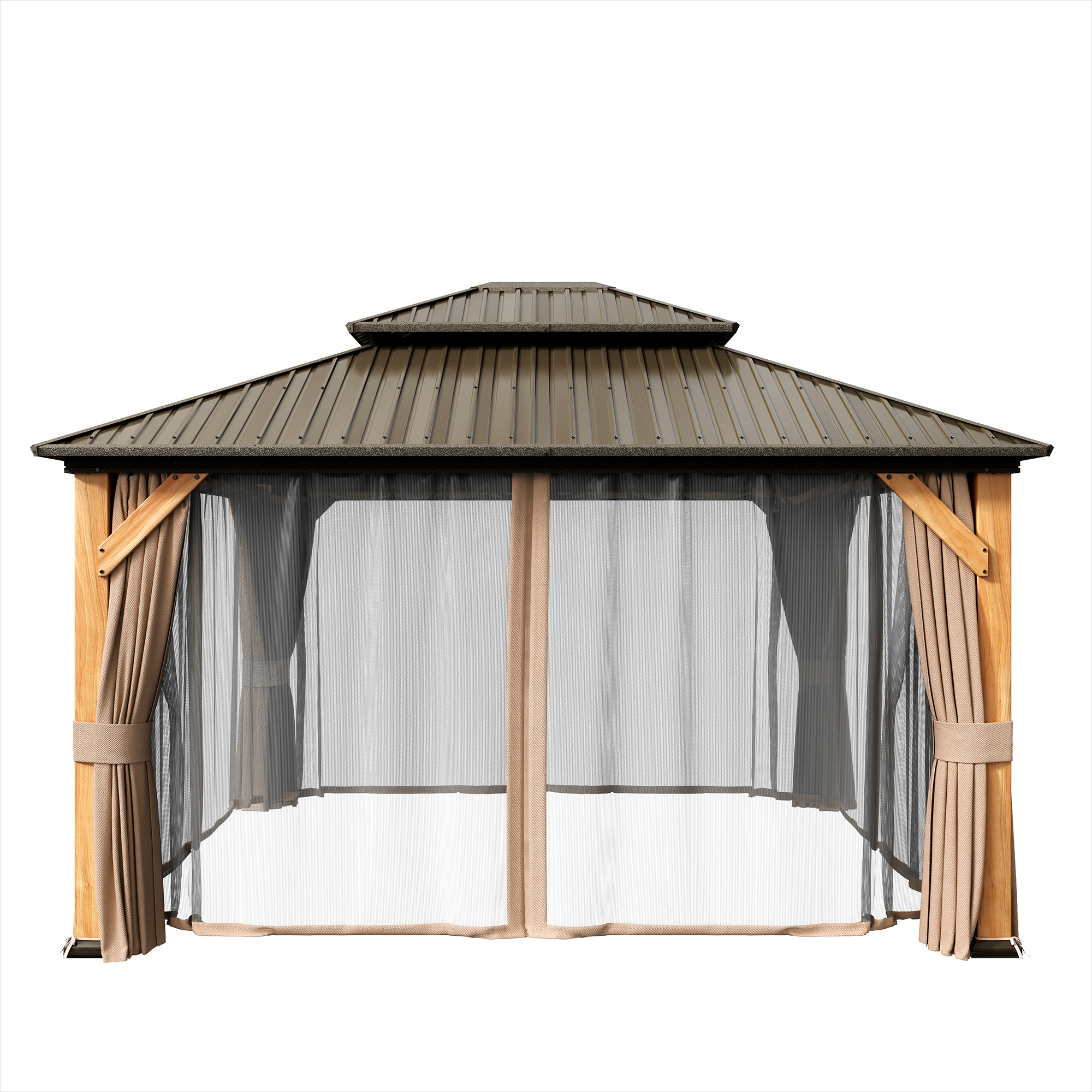 Cedar Frame Hard Top Gazebo with Galvanized Steel Double Roof, Curtain and Net, Outdoor Wooden Gazebo Pergola for Patio Lawn Backyard