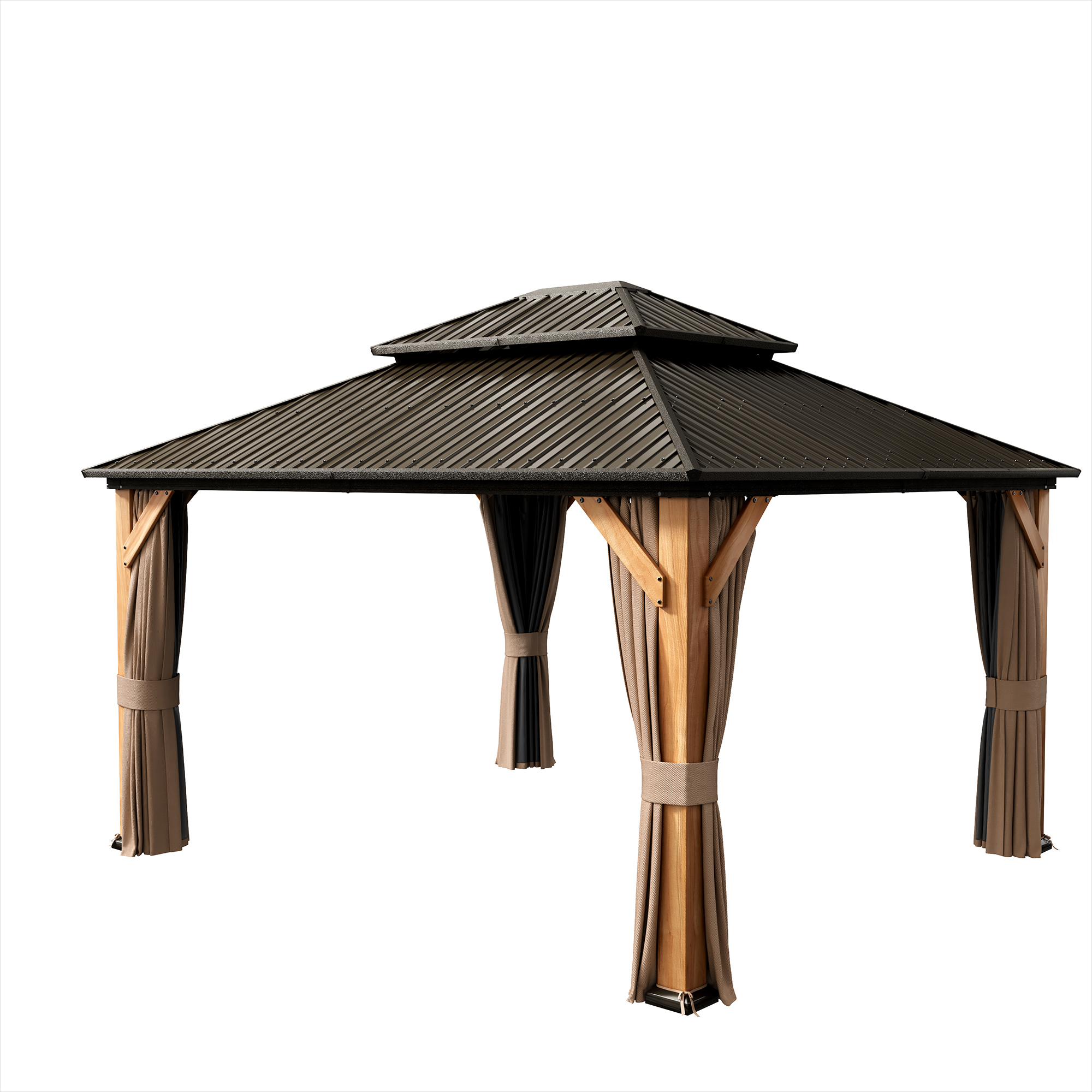 Cedar Frame Hard Top Gazebo with Galvanized Steel Double Roof, Curtain and Net, Outdoor Wooden Gazebo Pergola for Patio Lawn Backyard