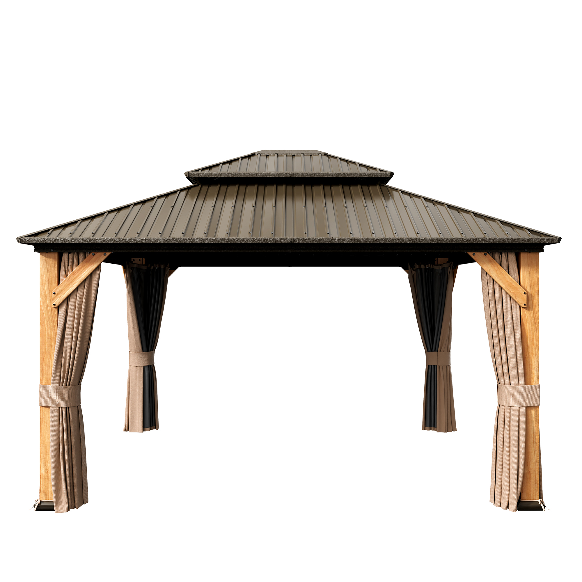 Cedar Frame Hard Top Gazebo with Galvanized Steel Double Roof, Curtain and Net, Outdoor Wooden Gazebo Pergola for Patio Lawn Backyard