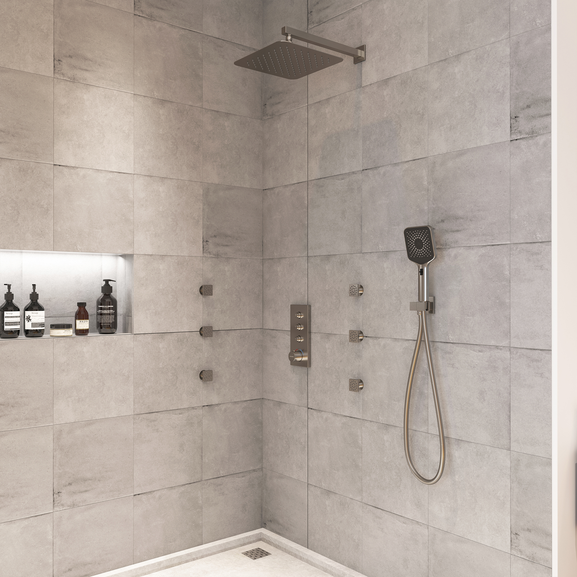 Boyel Living Thermostatic 12 in. 1-Spray Dual Wall Mount Fixed and Handheld Shower Head 1.8 GPM with 6 Body Jets in Brushed Nickel