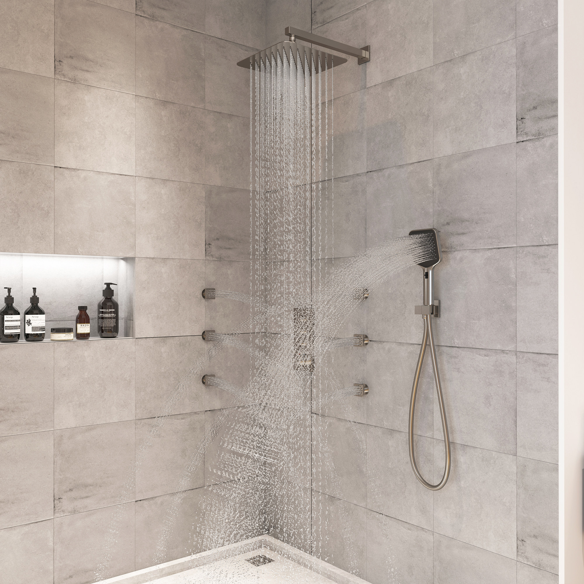 Boyel Living Thermostatic 12 in. 1-Spray Dual Wall Mount Fixed and Handheld Shower Head 1.8 GPM with 6 Body Jets in Brushed Nickel