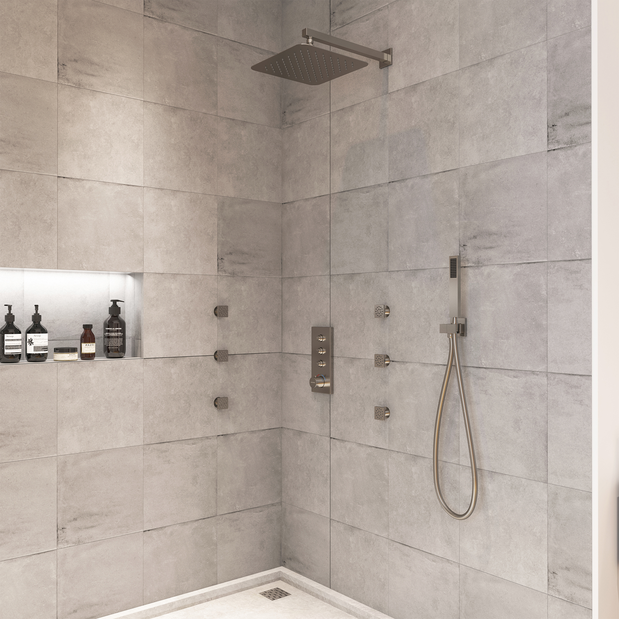 Thermostatic 12 in. 1-Spray Dual Wall Mount Fixed and Handheld Shower Head 1.8 GPM with 6 Body Jets in Brushed Nickel