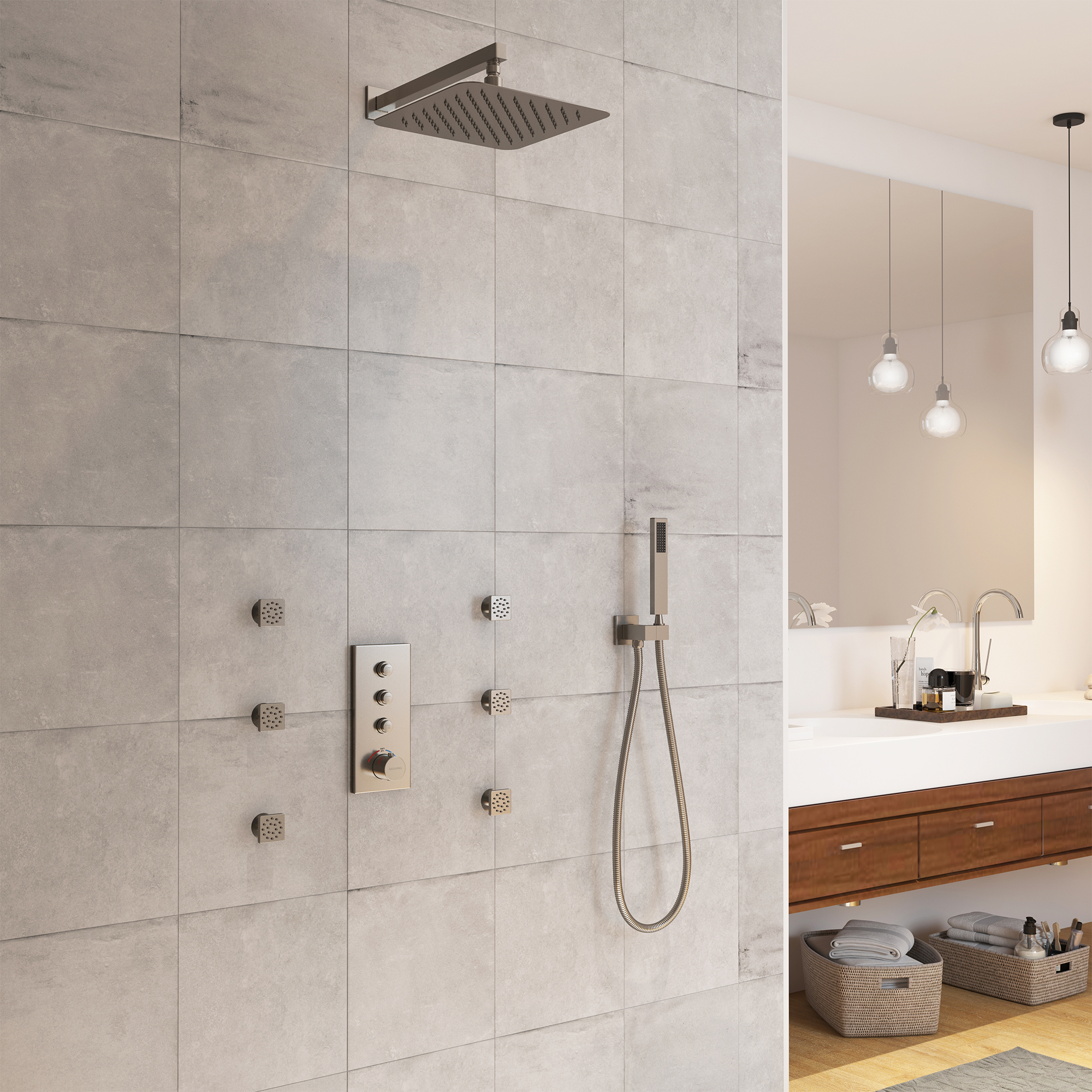 Thermostatic 12 in. 1-Spray Dual Wall Mount Fixed and Handheld Shower Head 1.8 GPM with 6 Body Jets in Brushed Nickel