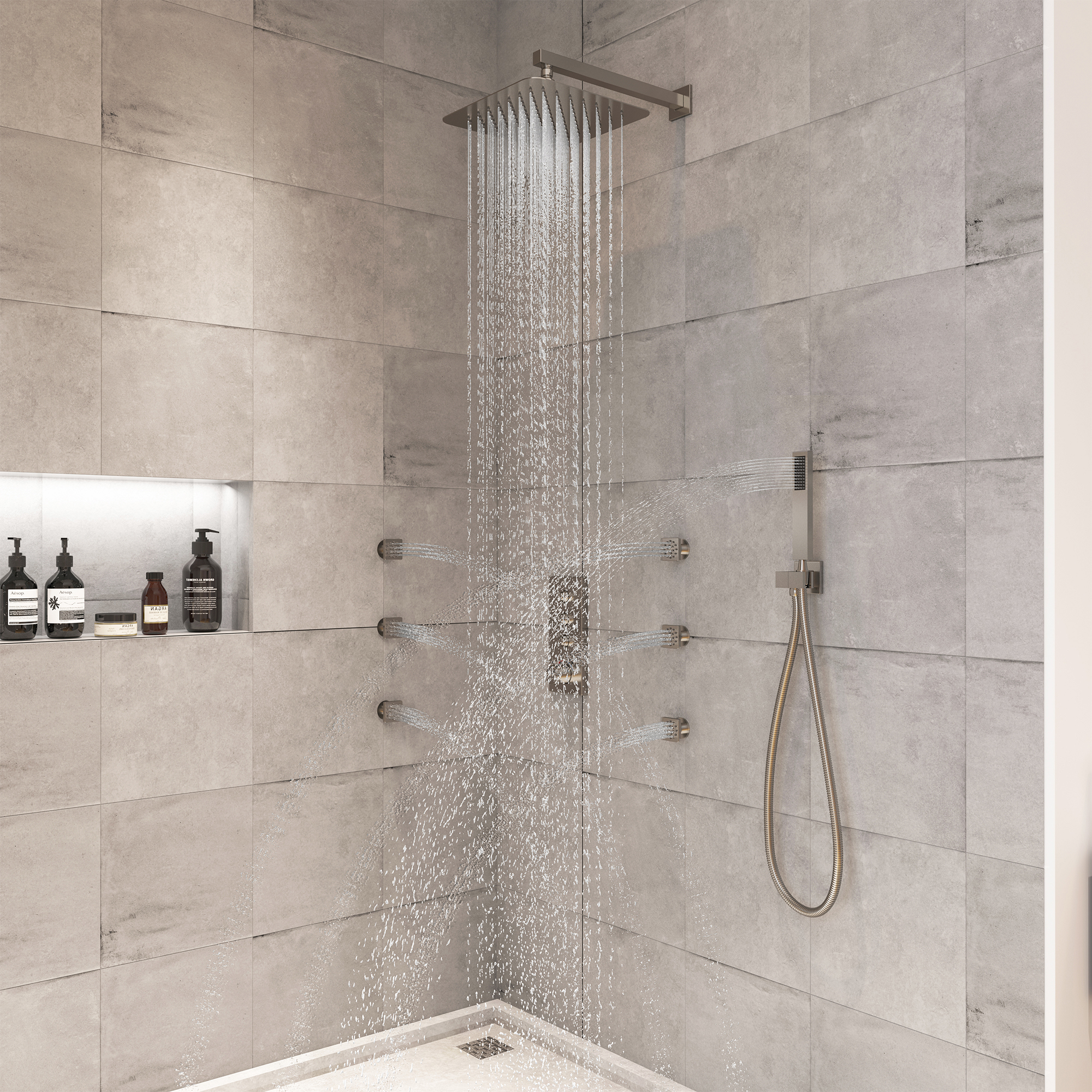 Thermostatic 12 in. 1-Spray Dual Wall Mount Fixed and Handheld Shower Head 1.8 GPM with 6 Body Jets in Brushed Nickel