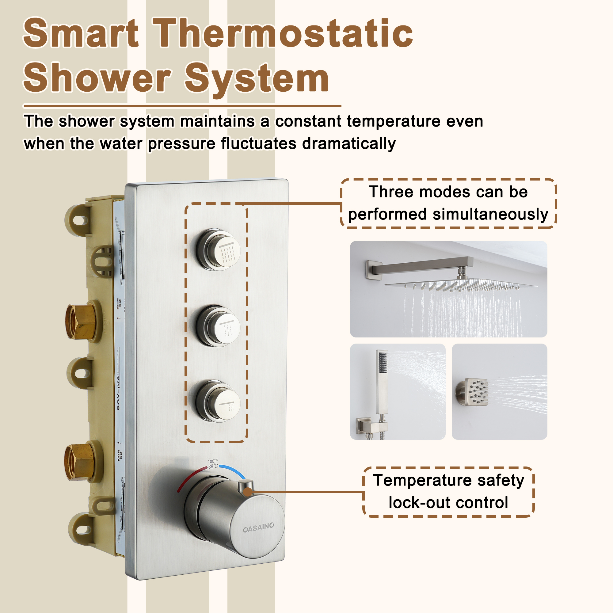 Thermostatic 12 in. 1-Spray Dual Wall Mount Fixed and Handheld Shower Head 1.8 GPM with 6 Body Jets in Brushed Nickel