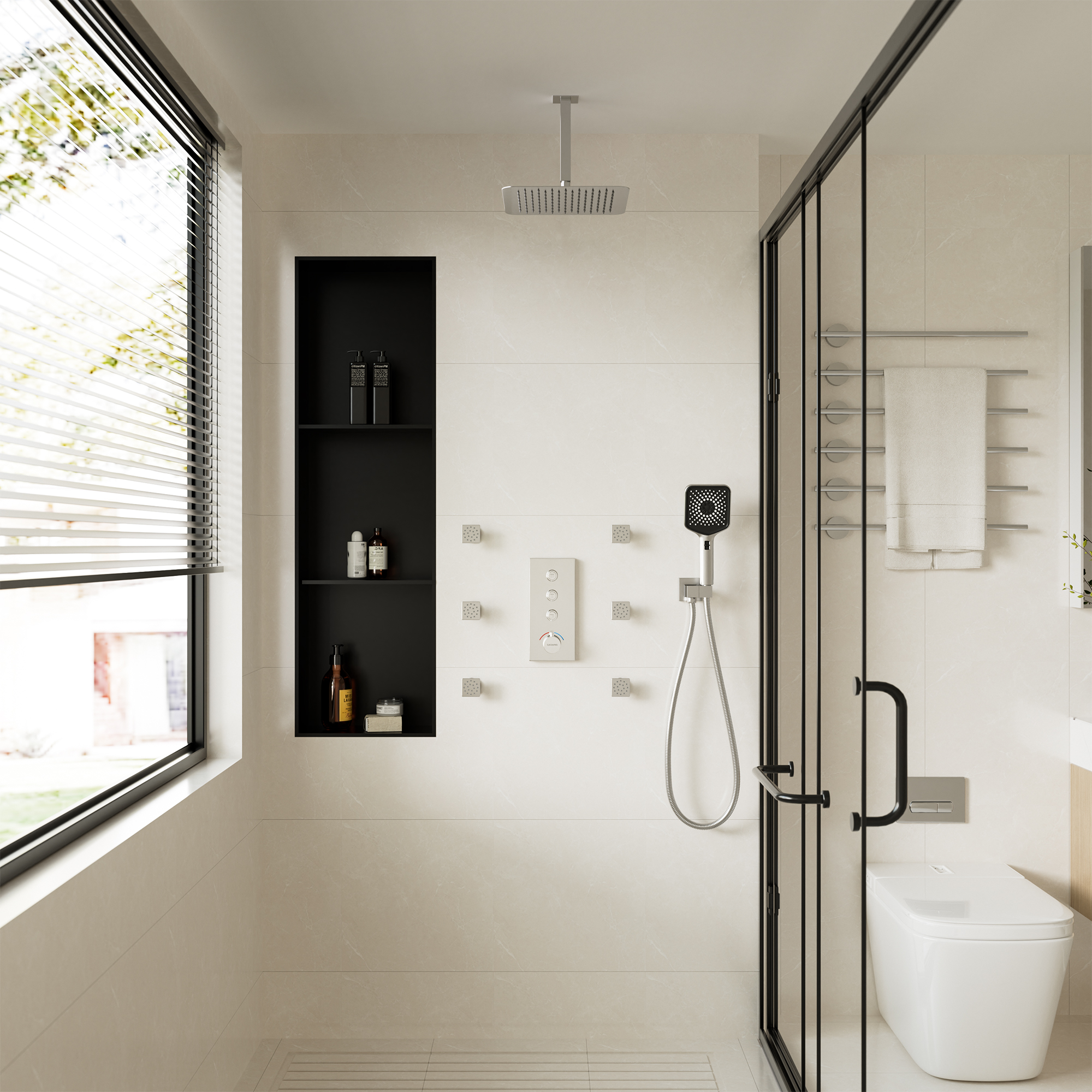 Boyel Living Luxury Thermostatic 3-Spray Patterns 12 in. Flush Ceiling Mount Rainfall Dual Shower Heads with 6-Jets in Brushed Nickel