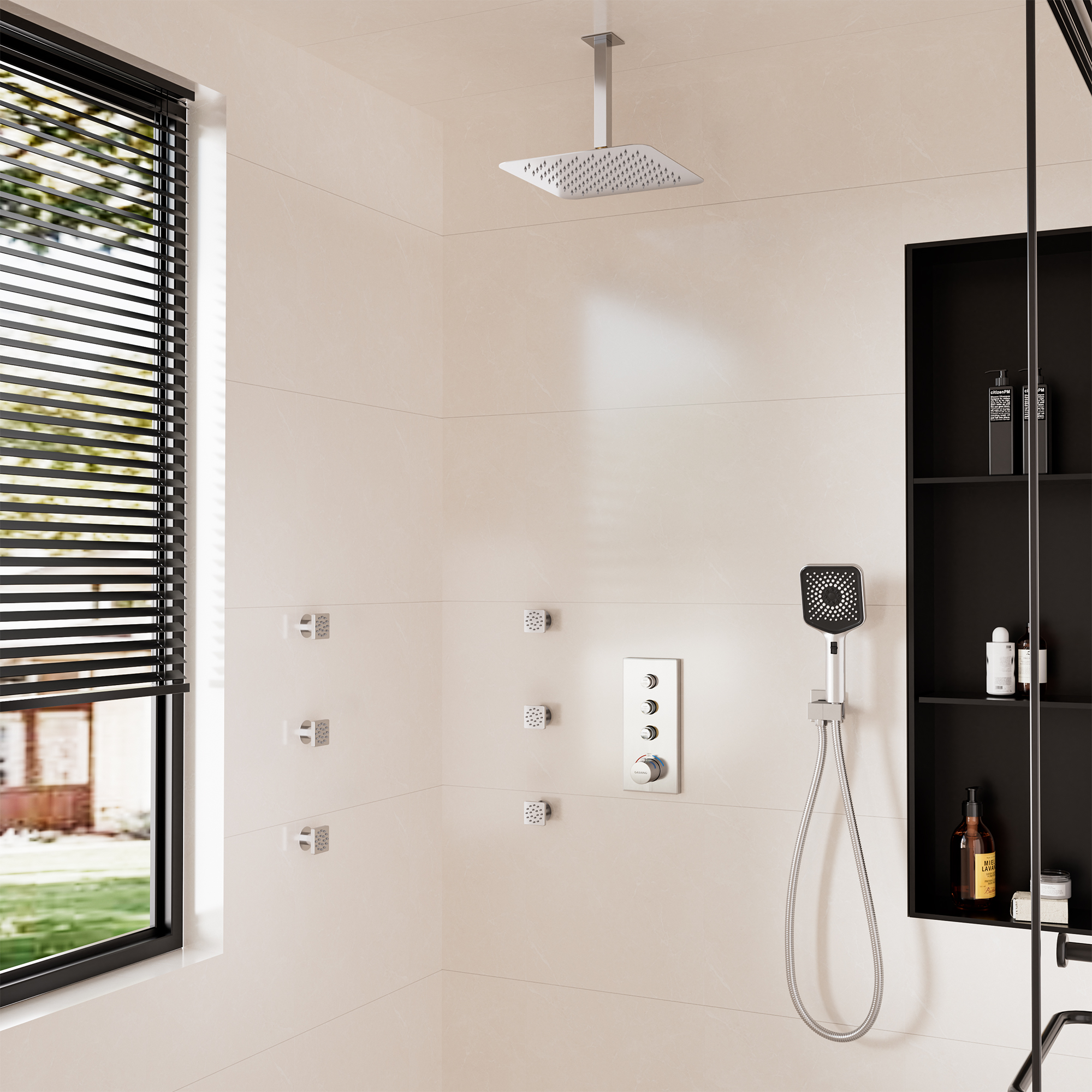 Boyel Living Luxury Thermostatic 3-Spray Patterns 12 in. Flush Ceiling Mount Rainfall Dual Shower Heads with 6-Jets in Brushed Nickel