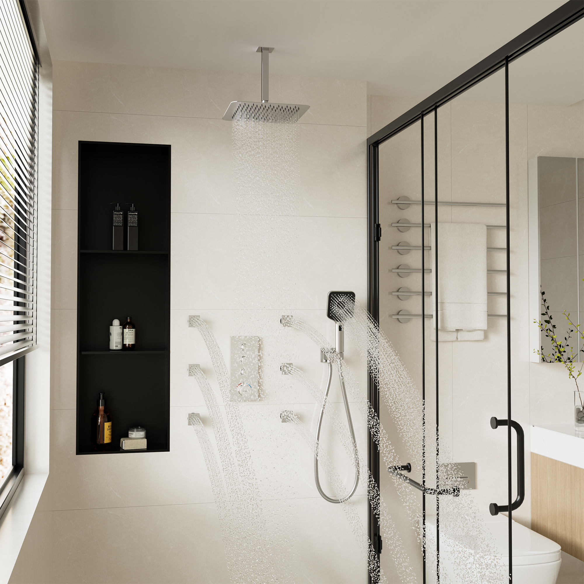 Boyel Living Luxury Thermostatic 3-Spray Patterns 12 in. Flush Ceiling Mount Rainfall Dual Shower Heads with 6-Jets in Brushed Nickel