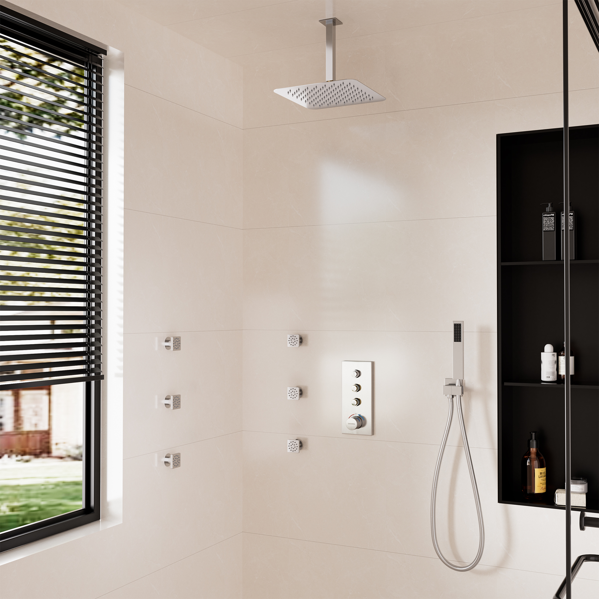 Thermostatic 2-Spray Patterns 12 in. Dual Ceiling Mount Fixed and Handheld Shower Head in Brushed Nickel with 6-Jets