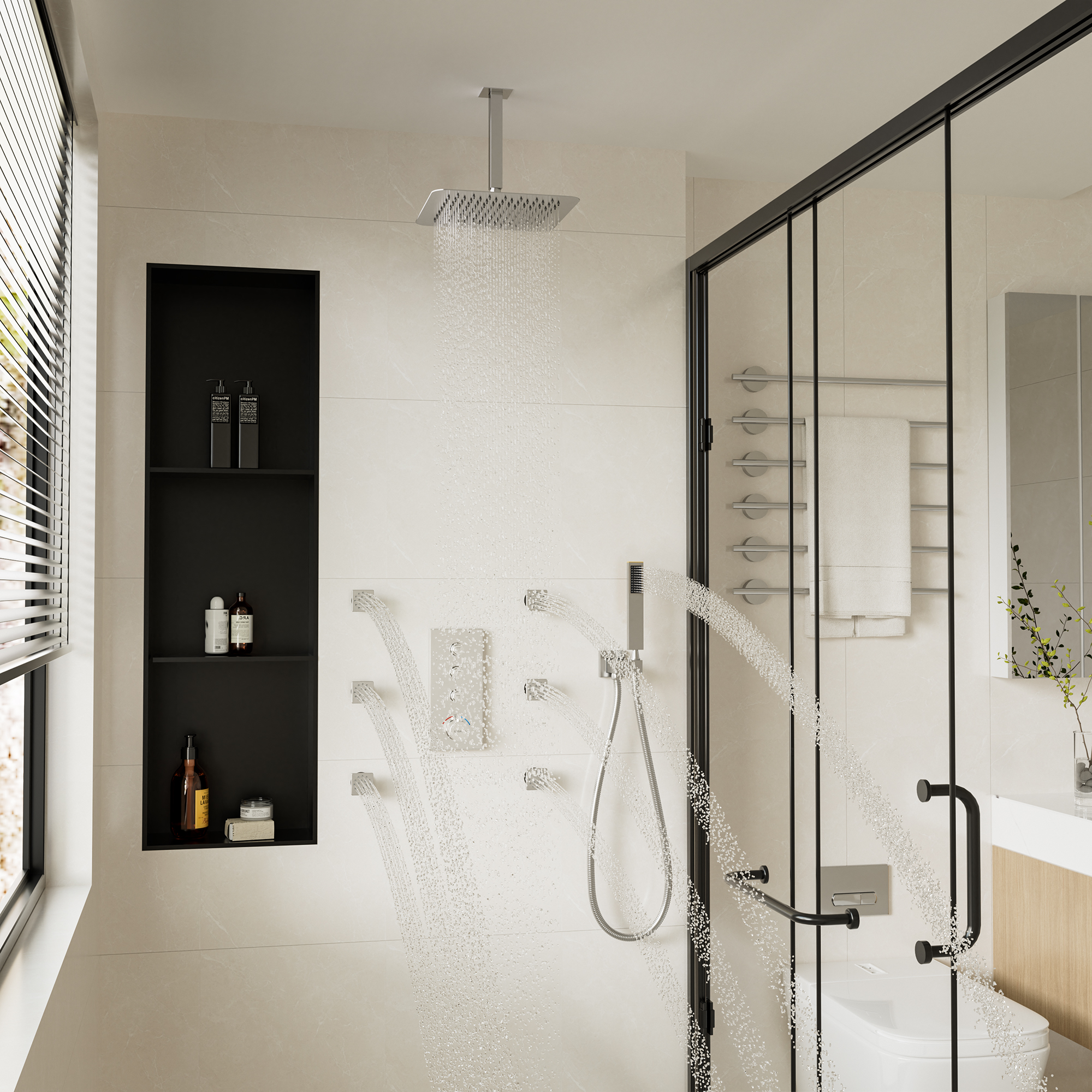 Thermostatic 2-Spray Patterns 12 in. Dual Ceiling Mount Fixed and Handheld Shower Head in Brushed Nickel with 6-Jets