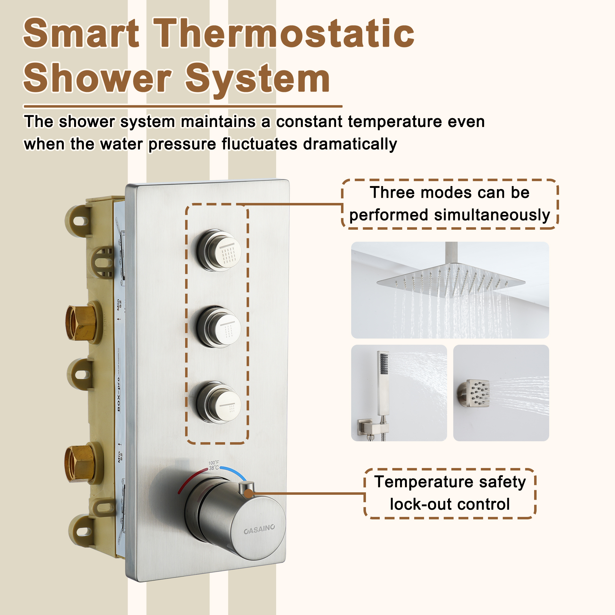 Thermostatic 2-Spray Patterns 12 in. Dual Ceiling Mount Fixed and Handheld Shower Head in Brushed Nickel with 6-Jets