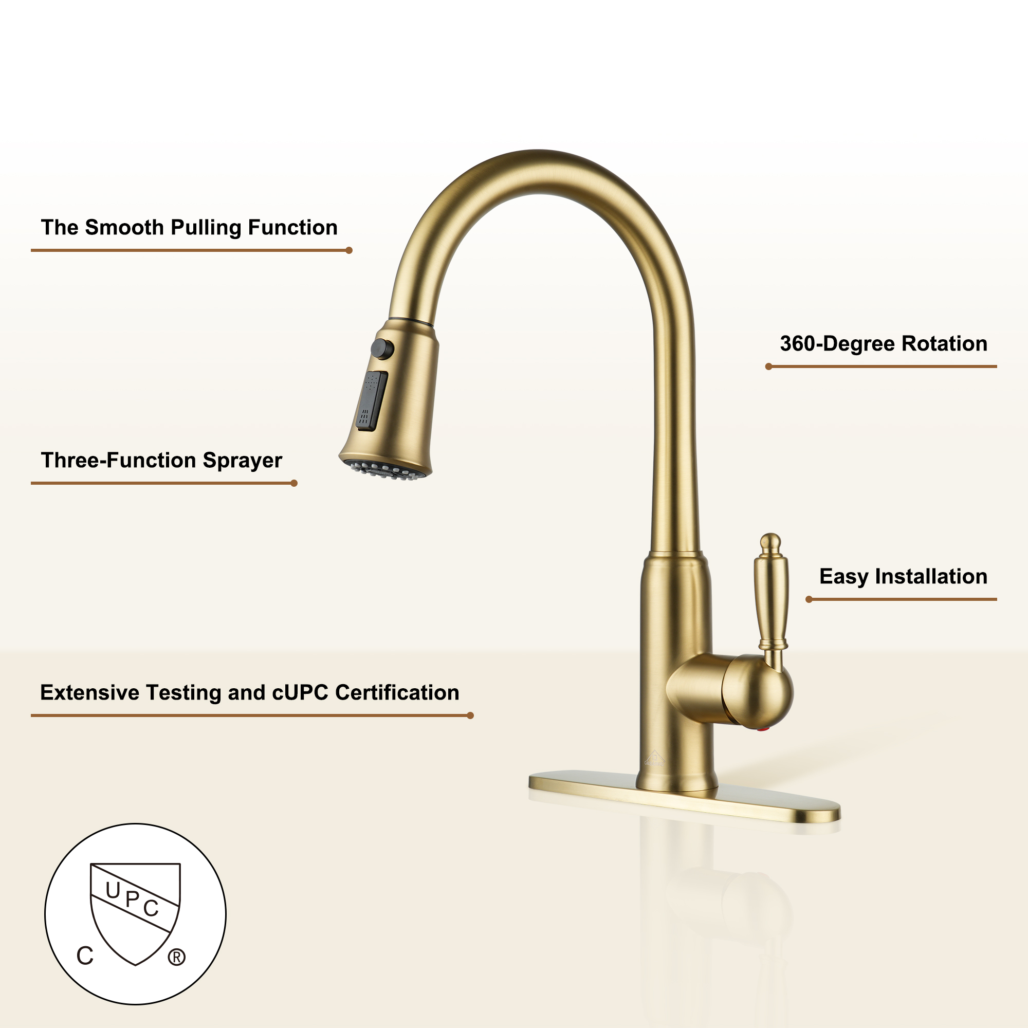 Single Handle Pull-Down Sprayer Kitchen Faucet with Three-function Pull out Sprayer head, Deckplate in Brushed Gold/Brushed Nickel/Matte Black/Matte White