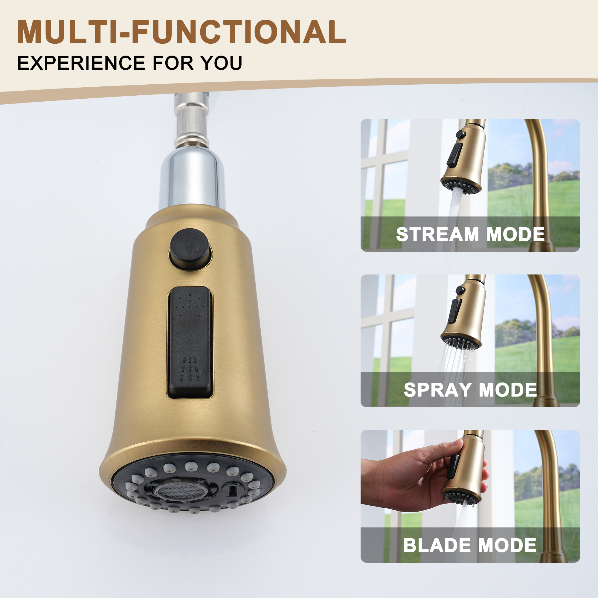 Single Handle Pull-Down Sprayer Kitchen Faucet with Three-function Pull out Sprayer head, Deckplate in Brushed Gold/Brushed Nickel/Matte Black/Matte White