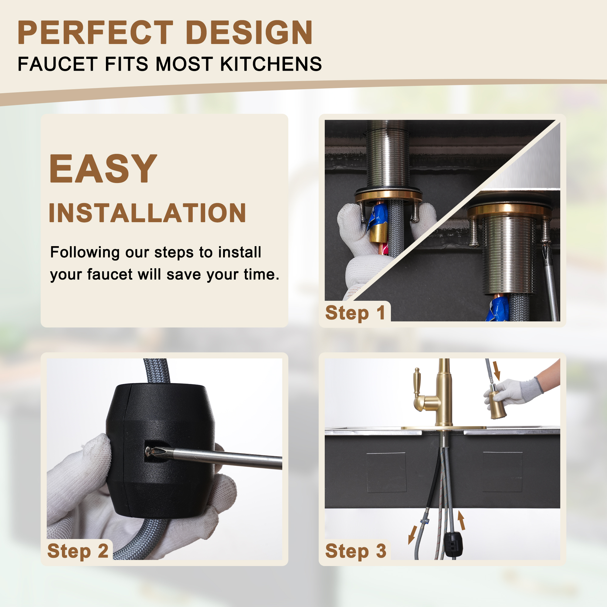 Single Handle Pull-Down Sprayer Kitchen Faucet with Three-function Pull out Sprayer head, Deckplate in Brushed Gold/Brushed Nickel/Matte Black/Matte White