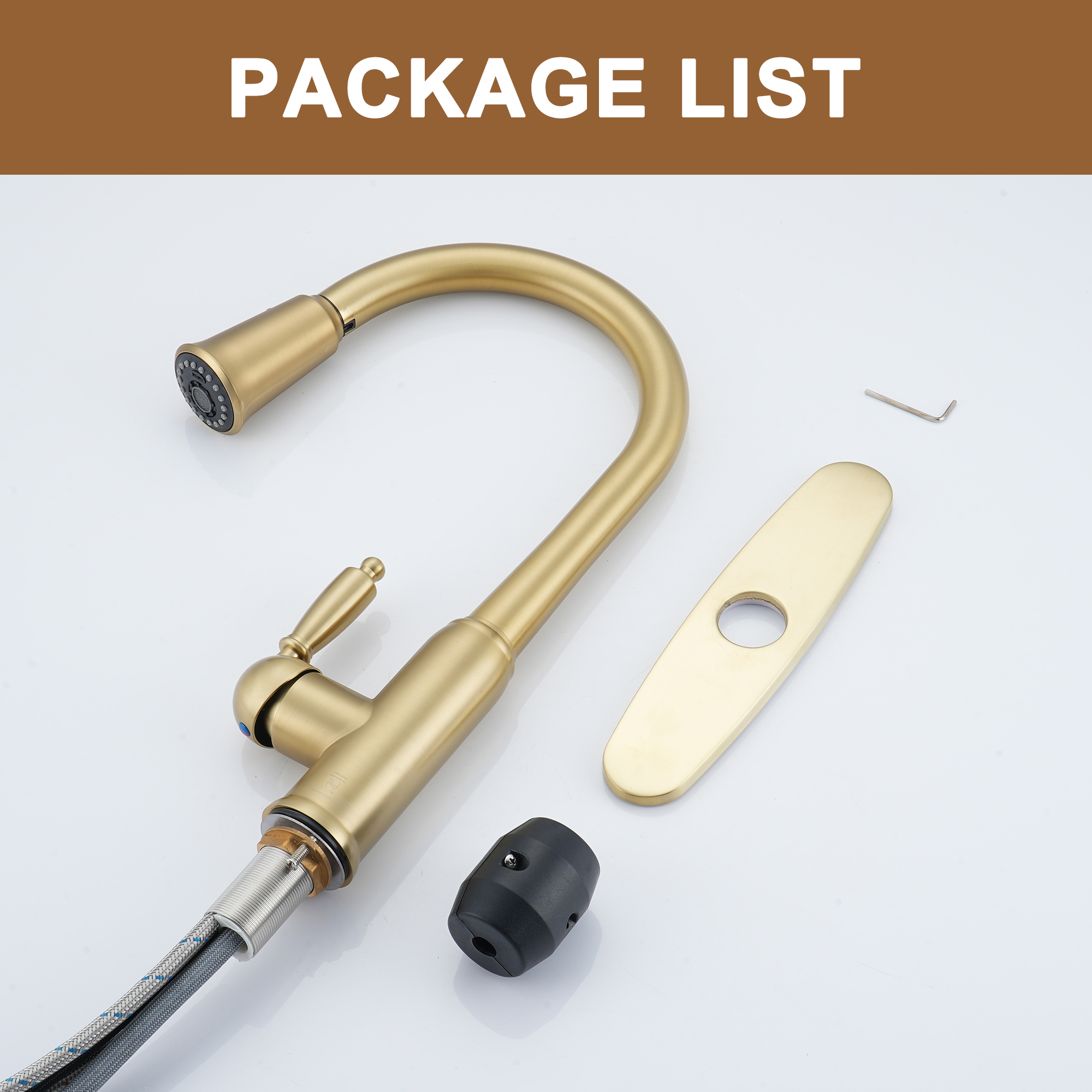 Single Handle Pull-Down Sprayer Kitchen Faucet with Three-function Pull out Sprayer head, Deckplate in Brushed Gold/Brushed Nickel/Matte Black/Matte White