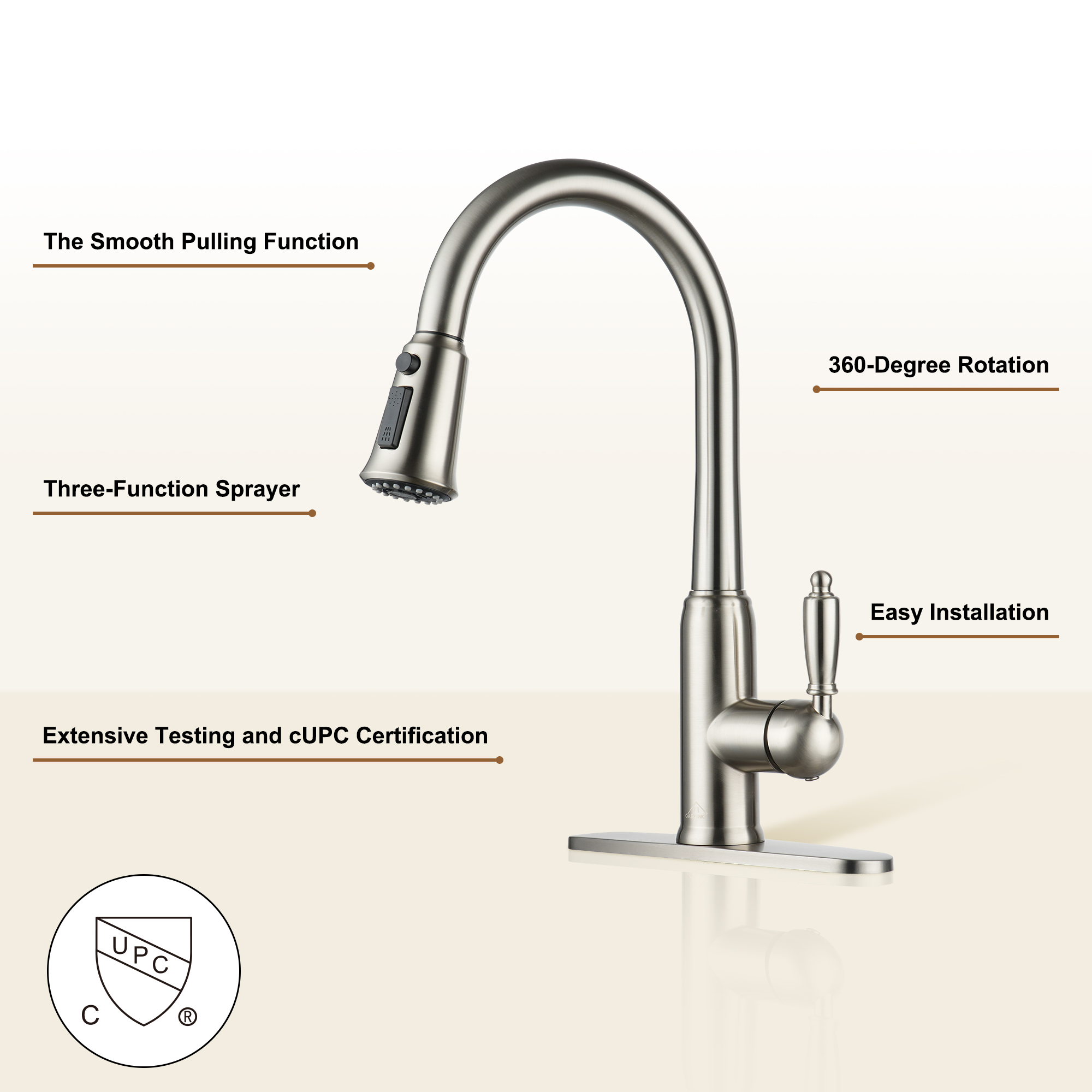 Single Handle Pull-Down Sprayer Kitchen Faucet with Three-function Pull out Sprayer head, Deckplate in Brushed Gold/Brushed Nickel/Matte Black/Matte White